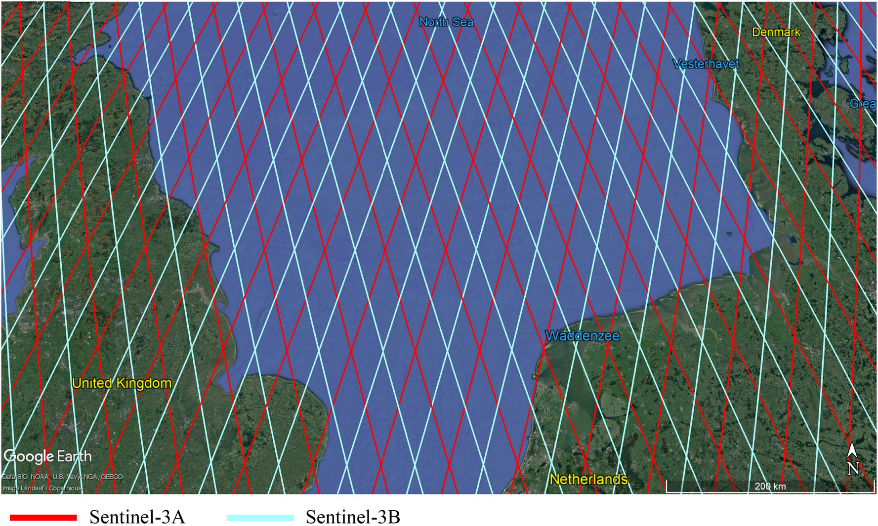 Figure 5
A snapshot of Sentinel-3 constellation altimeters ground tracks over the North Sea near Europe.
