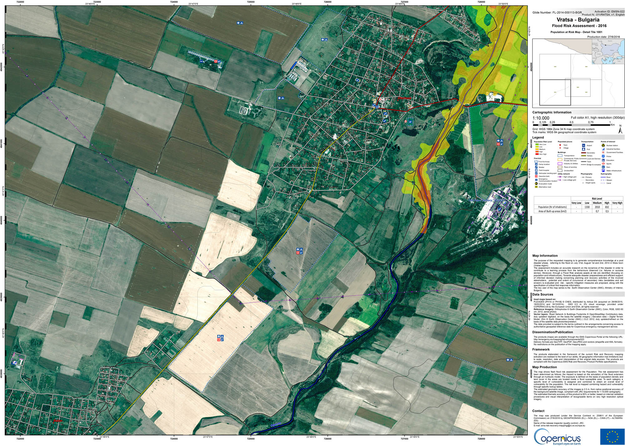 Figure 7 
               Flood risk-assessment map over a part of Vratsa, Bulgaria. Source: Copernicus Emergency Management Service (© European Union, 2012–2021) [130].
            