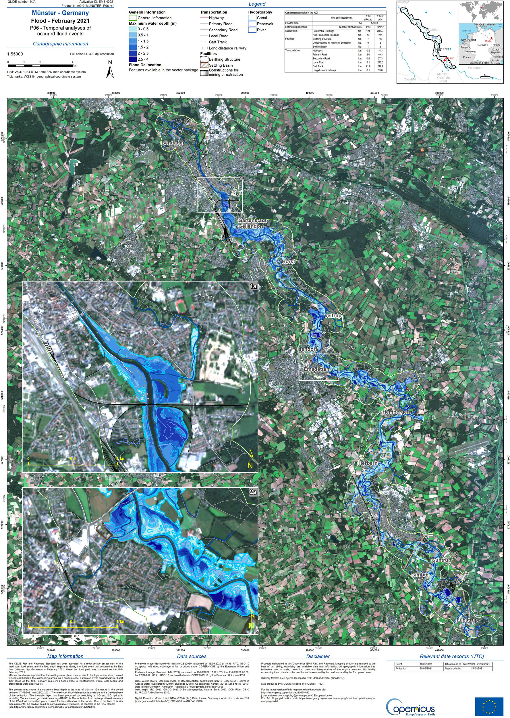 Figure 8 
               Temporal analysis of the February 2021 flood event at Münster, Germany. Source: Copernicus Emergency Management Service (© European Union, 2012–2021) [130].
            
