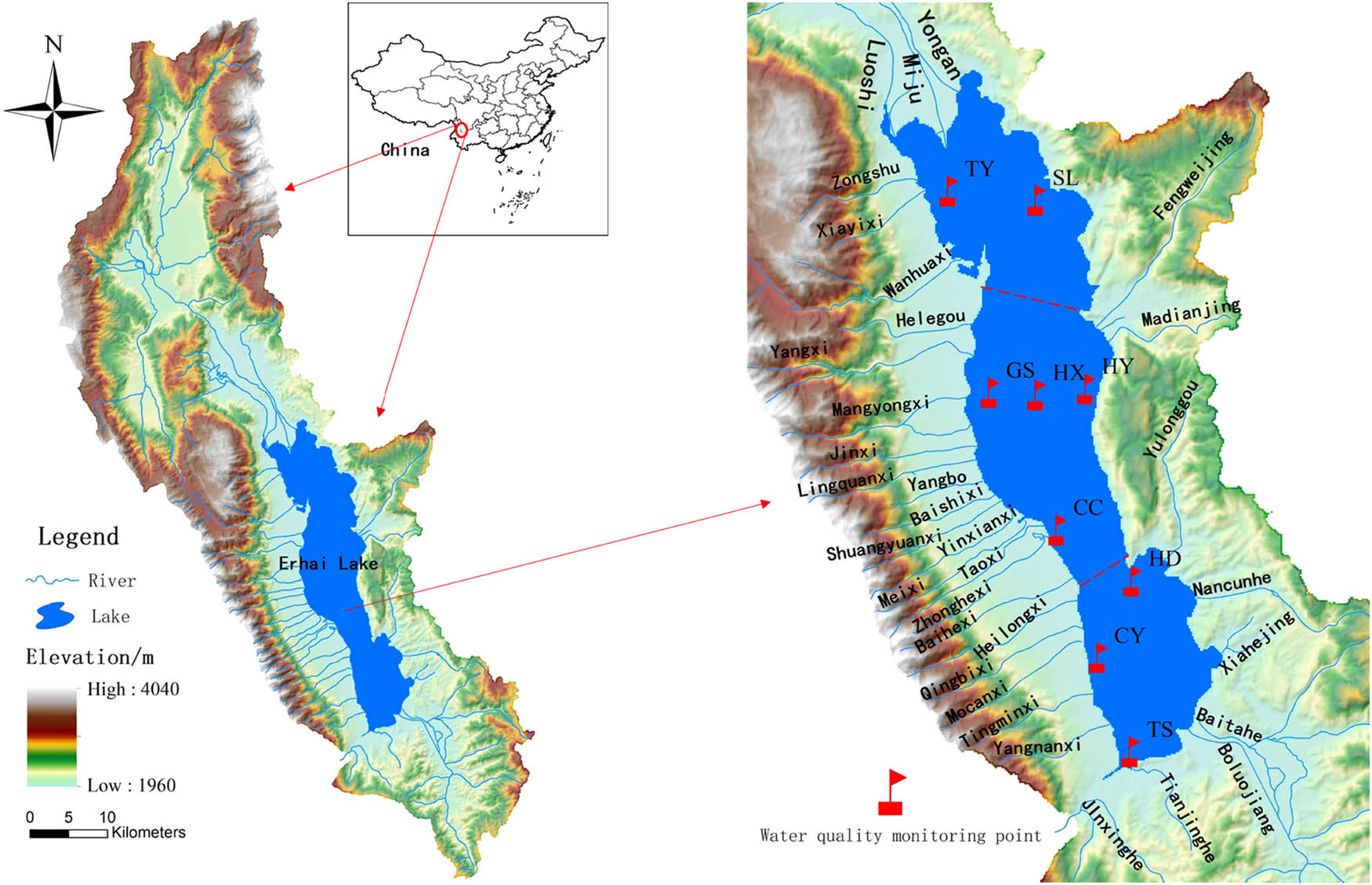 Figure 1 
                  Geographical location and water quality monitoring points of Erhai lake.
               