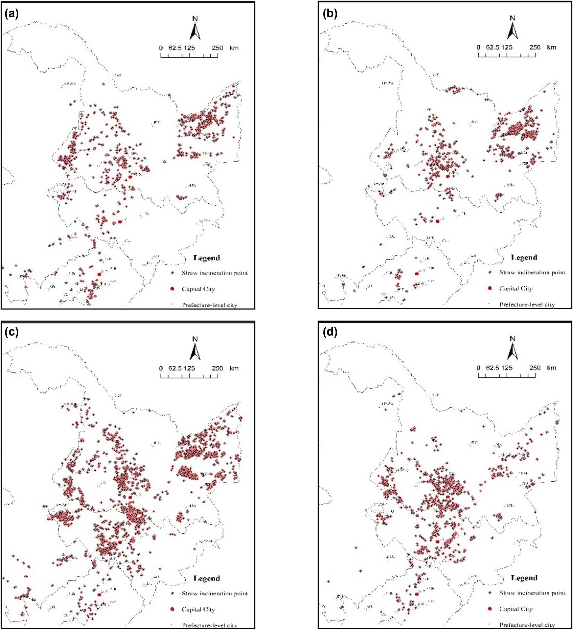 Figure 8
Distribution of straw-incineration points: (a) 2016.10, (b) 2016.11, (c) 2017.10, and (d) 2017.11.