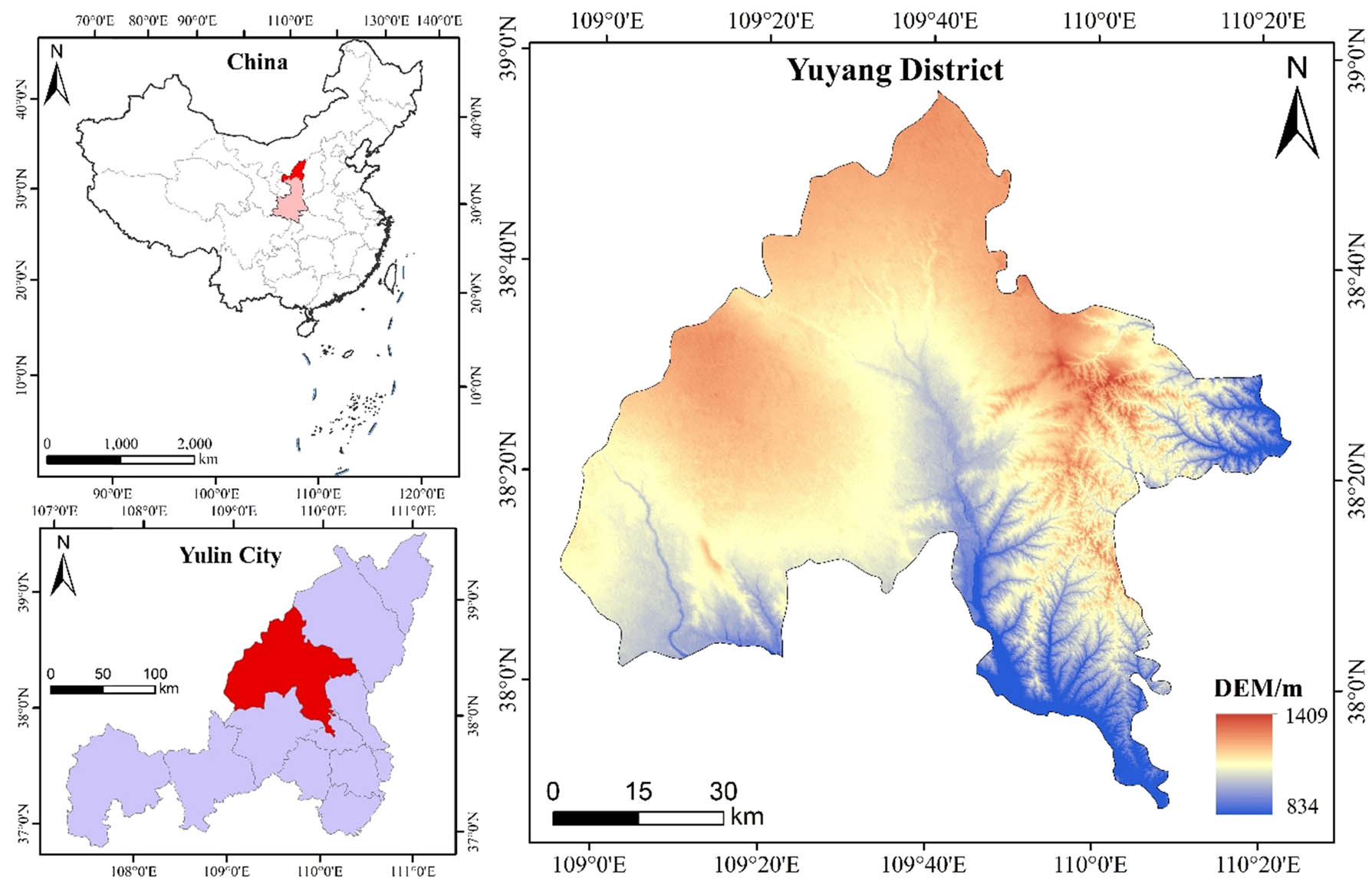 Figure 1
Location and digital elevation map of Yuyang district in Yulin city, China.