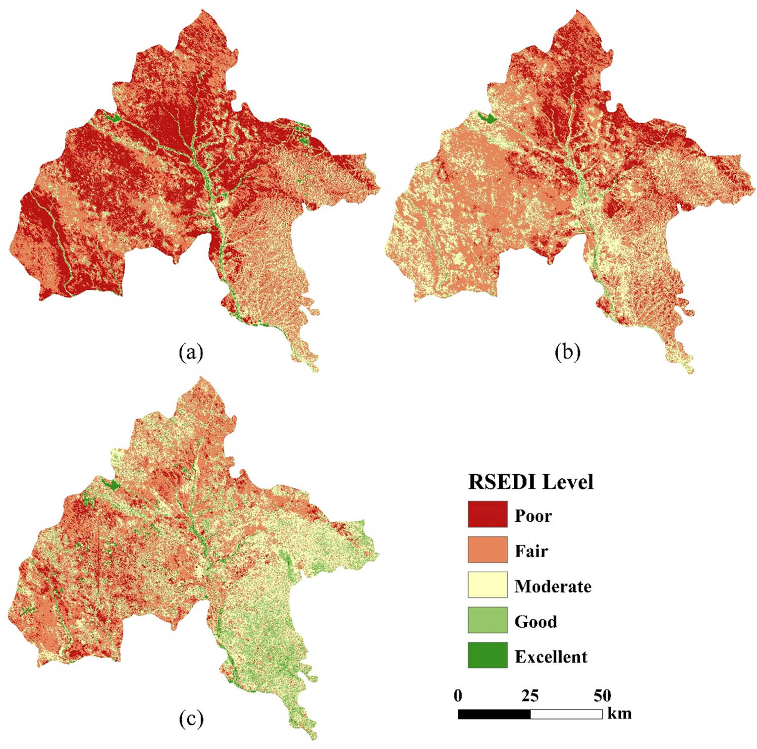 Figure 3
Spatiotemporal distribution of ecological environment quality in Yuyang district, China. (a) 1993, (b) 2004, and (c) 2018.