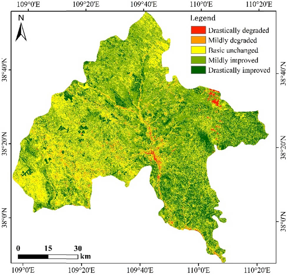 Figure 4
Spatial distribution in changes to ecological environment quality in Yuyang district, Shaanxi Province, China from 1993 to 2018.