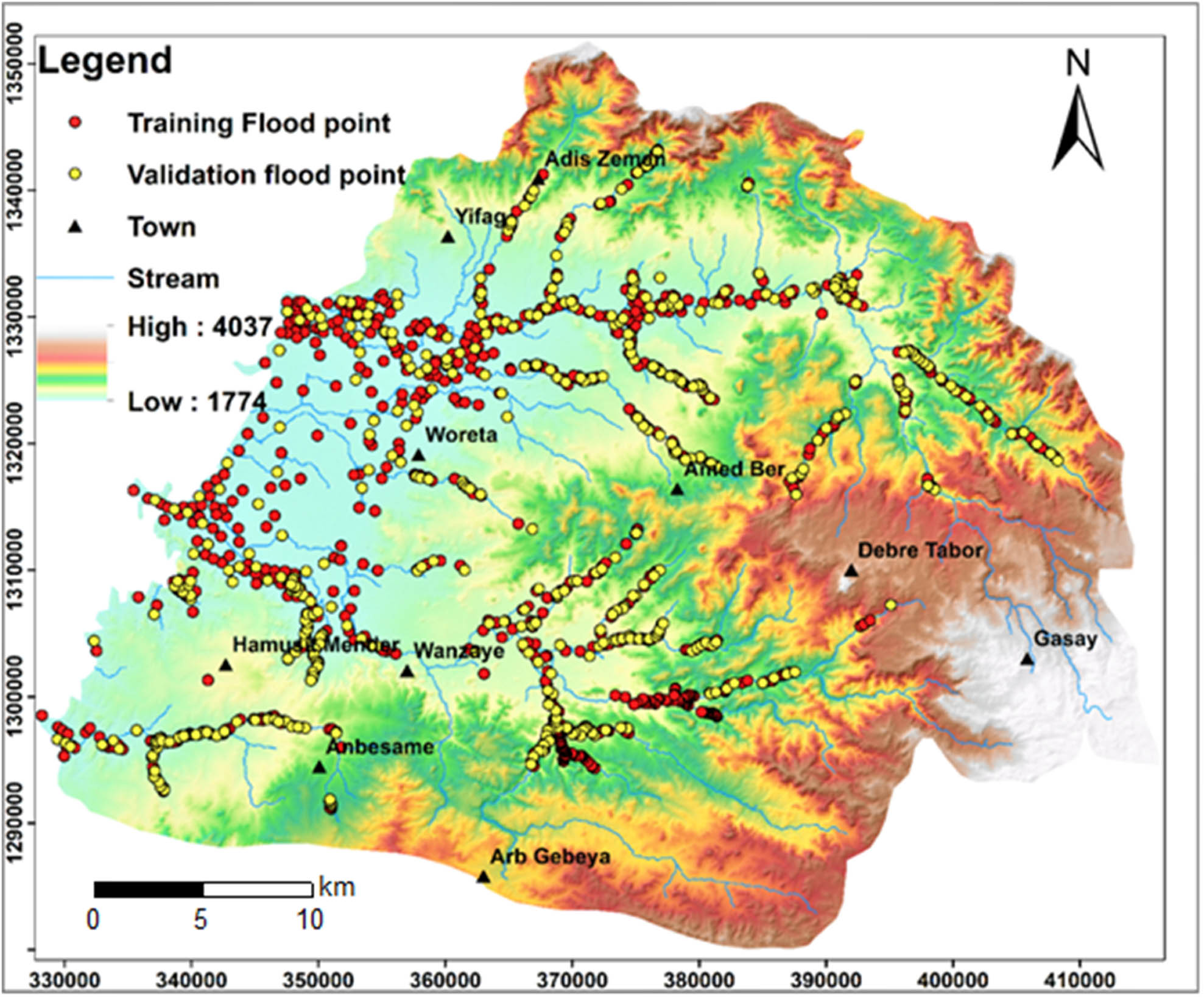 Figure 3
Flood location map of the study area (projection: WGS 1984 UTM Zone 37N): red points are training flood datasets and yellow points are validation flood datasets.