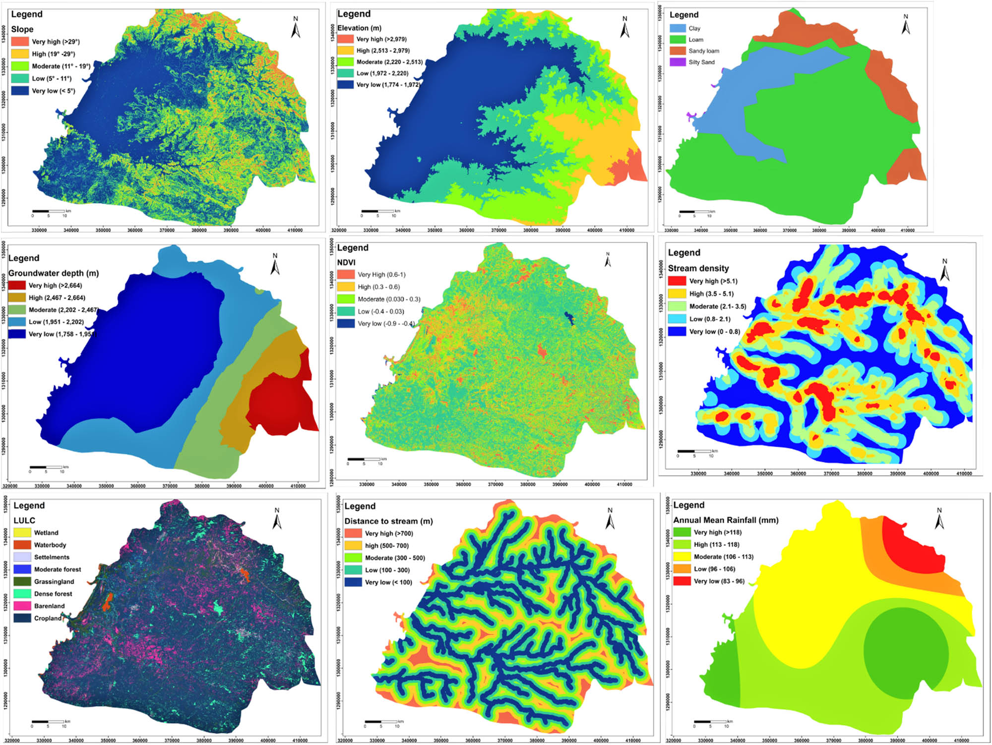 Figure 4
Flood governing factor maps of the study area (slope, elevation, soil texture, groundwater depth, NDVI, stream density, LULC, and distance to stream and rainfall) produced using ArcGIS (projection: WGS 1984 UTM Zone 37N).