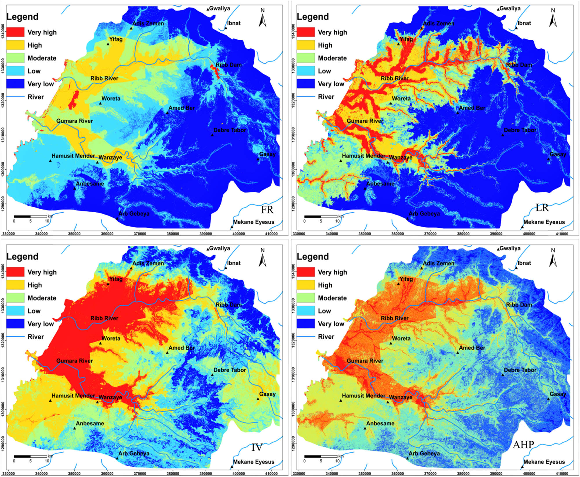 Figure 6
Flood susceptibility maps of FR, IV, LR, and AHP methods (projection: WGS 1984 UTM Zone 37N). The red color represented a very high flood susceptibility area; the yellow color represented high flood susceptibility area, but green, light blue, and blue color represent moderate, low, and very low flood susceptibility areas, respectively.