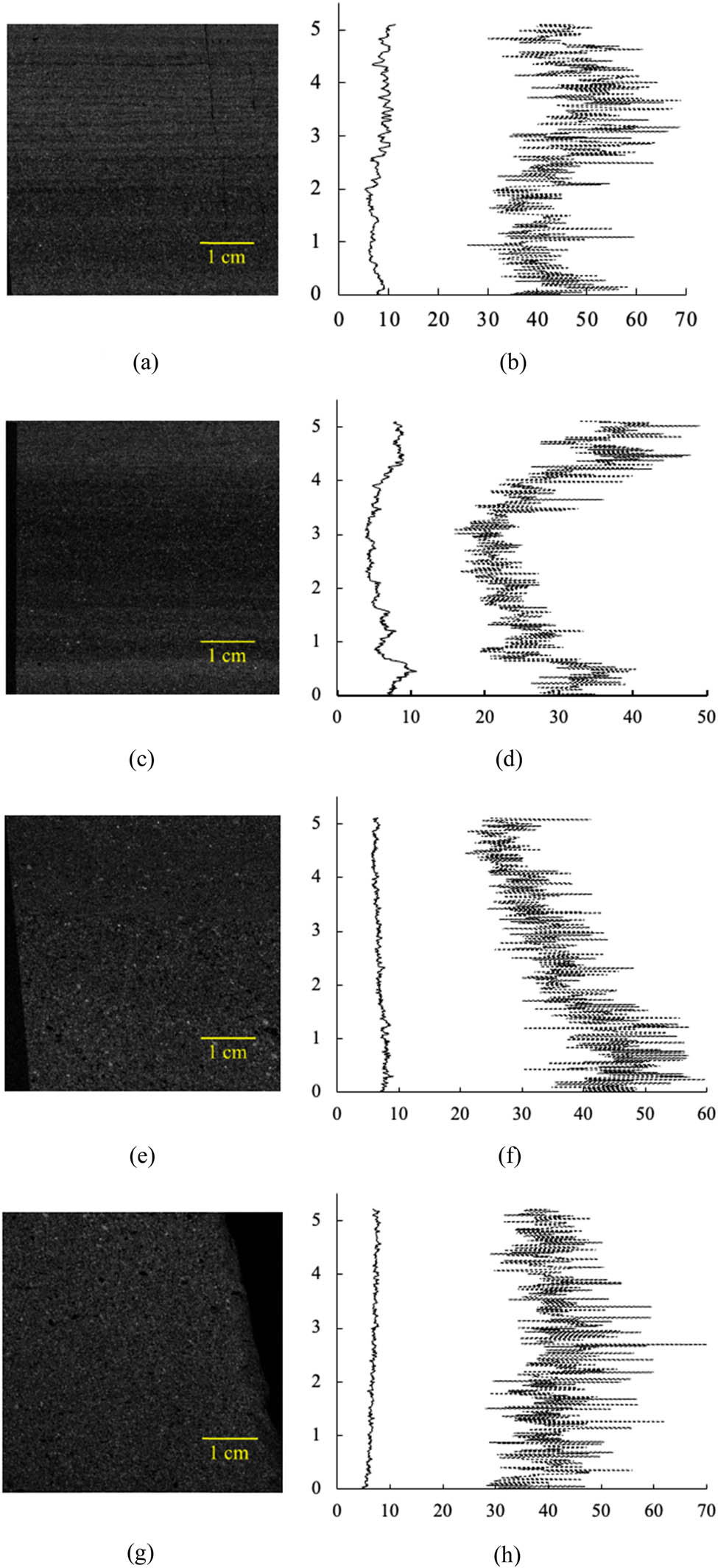 Figure 13 
                  (a), (c), (e), and (g) are Fe µXRF elemental distribution maps of samples NP11-1, NP11-2, NP13-1, and NP13-2, respectively. (b), (d), (f), and (h) are Fe and Fe/K vertical intensity profiles of samples NP11-1, NP11-2, NP13-1, and NP13-2, respectively. Fe intensity profile is plotted in solid black line; Fe/K intensity profile is plotted in dotted lines.
               