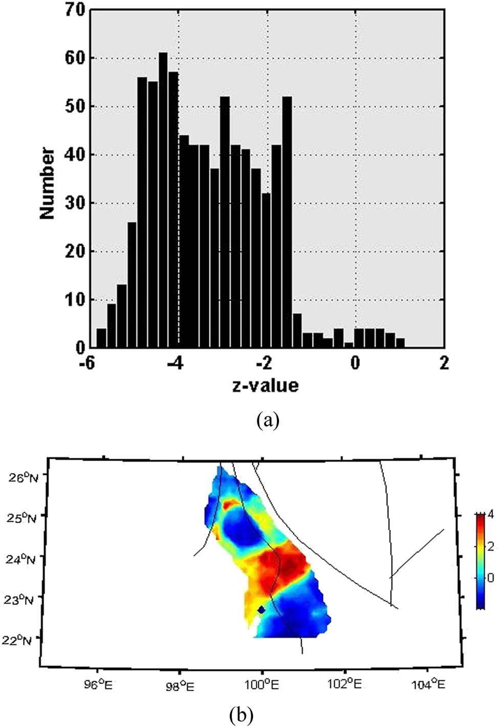 Figure 18 
                  Nujiang area (a) z-value; (b) incidence of earthquakes.
               