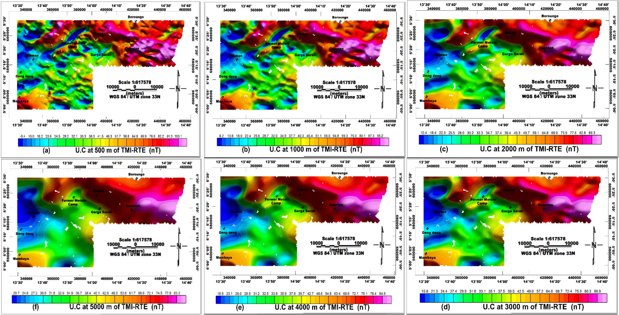 Figure 4 
            Extended maps of the total magnetic field anomaly reduced at the equator. U.C.: upward continuation.
         