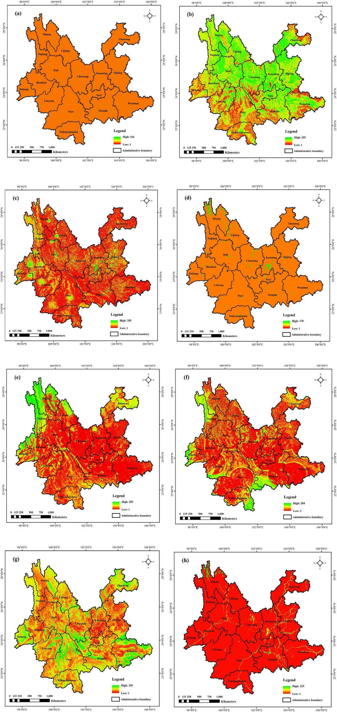 Figure 2 
                  Suitability development probability of PLES in Yunnan Province. (a) Represents agricultural production space, (b) represents industrial production space, (c) represents urban living space, (d) represents rural living space, (e) represents forestland ecological space, (f) represents grassland ecological space, (g) represents water ecological space, (h) represents other ecological space.
               