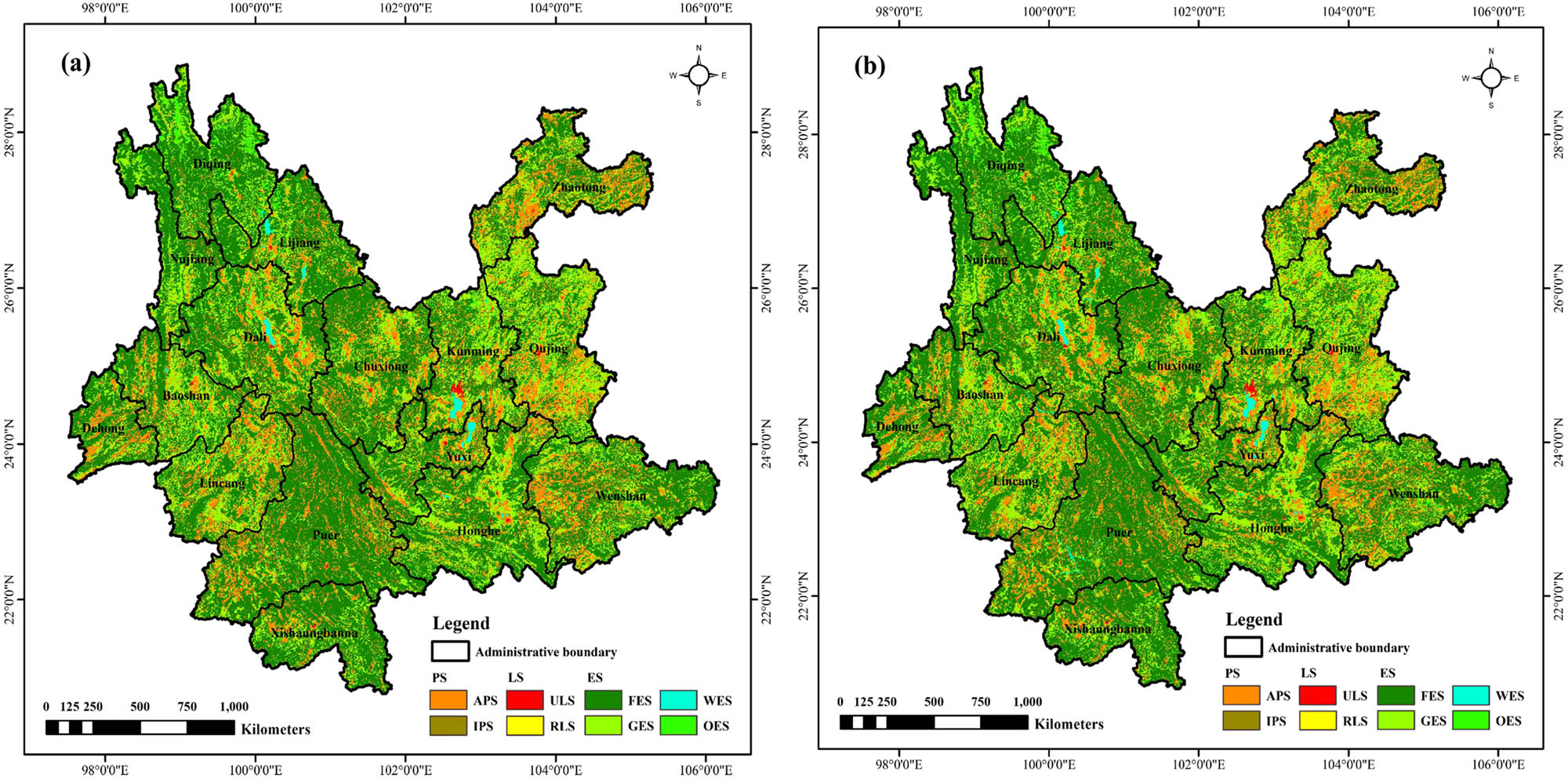 Figure 3 
                  Quantity structure and spatial distribution of PLES in Yunnan Province in 2010 (a) and 2015 (b).
               