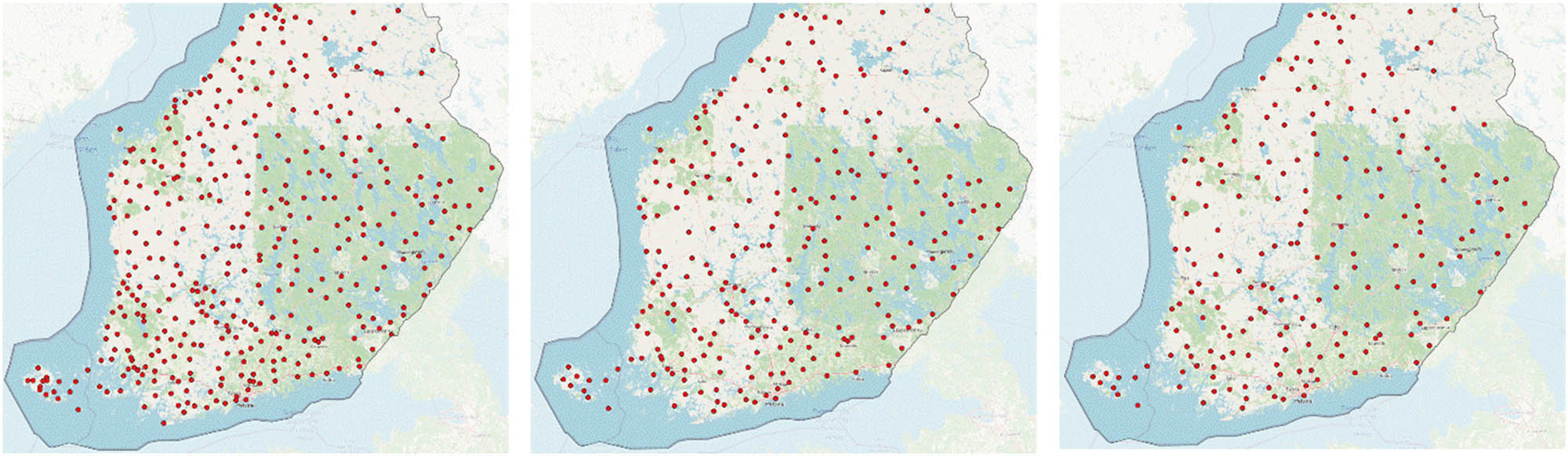 Figure 10 
                  Selection results at different map scales. (a) The source map at the scale of 1:2,000,000, (b) the target map at the scale of 1:4,500,000, and (c) the target map at the scale of 1:8,000,000.
               
