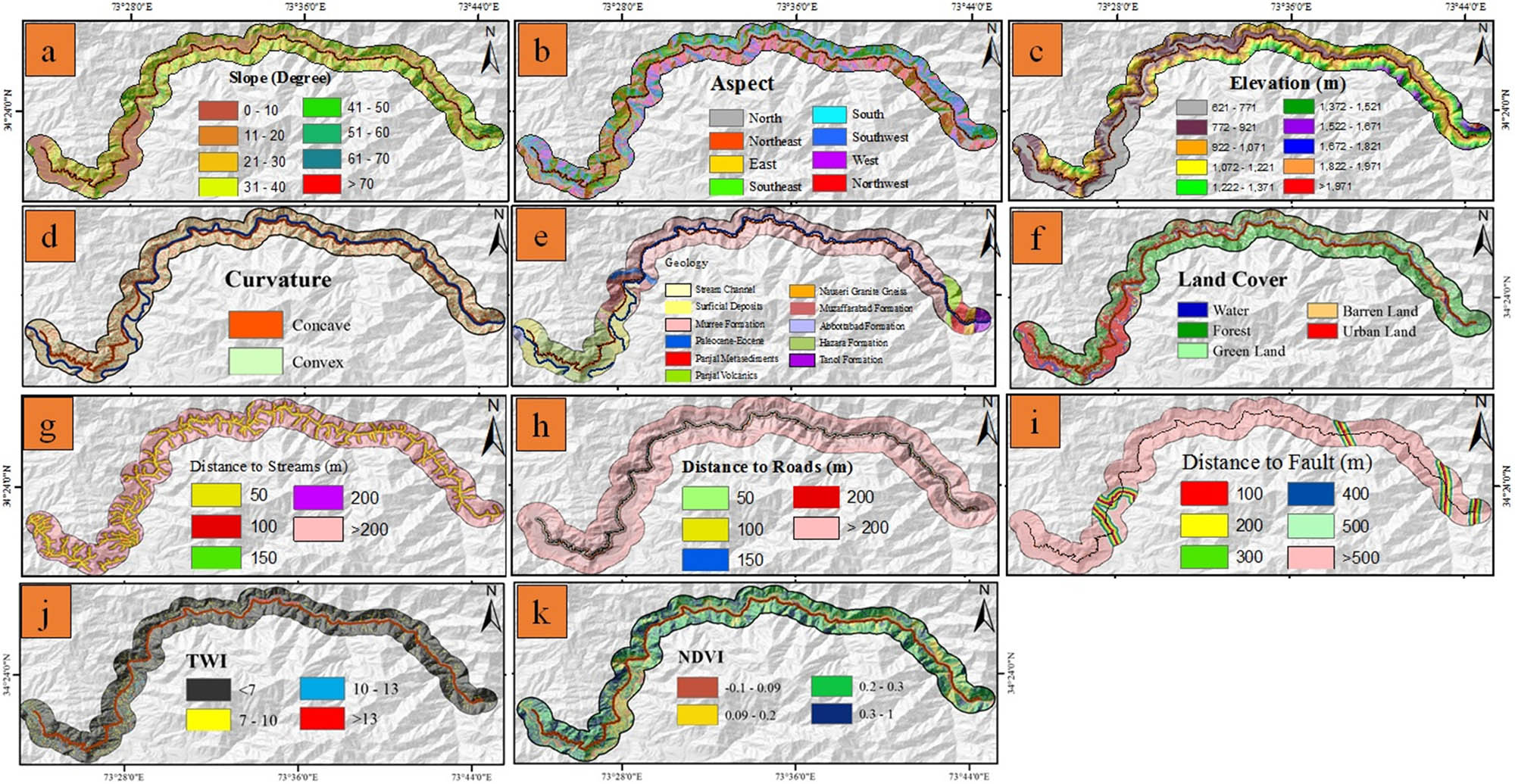 Figure 6
LCFs along Neelum Valley road: (a) slope, (b) aspect, (c) elevation, (d) curvature, (e) lithology, (f) landcover, (g) distance to streams, (h) distance to roads, (i) distance to fault, (j) TWI, and (k) NDVI.