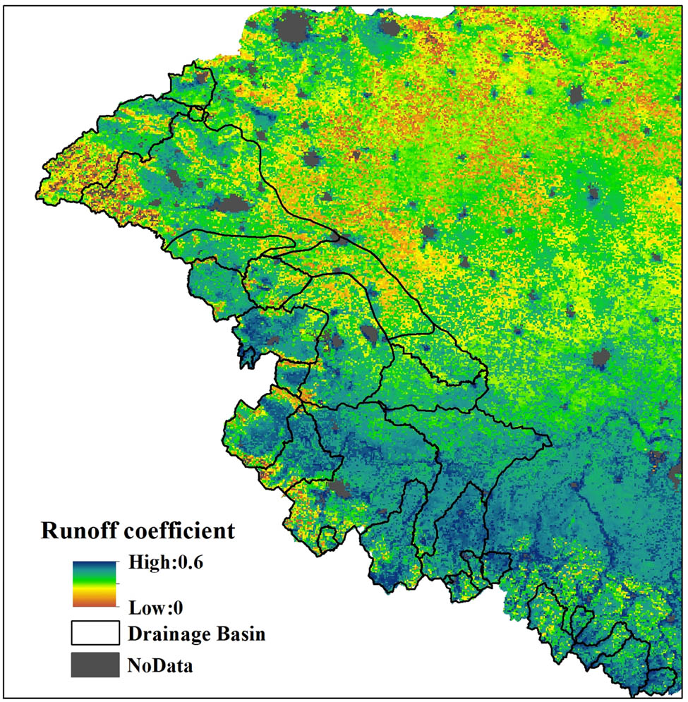 Figure 4
The spatial distribution of mean annual runoff coefficient estimated by the water balance equation across the upper reaches of Huaihe River (no data pixels were covered by surfaces of water body, urban and wetland).