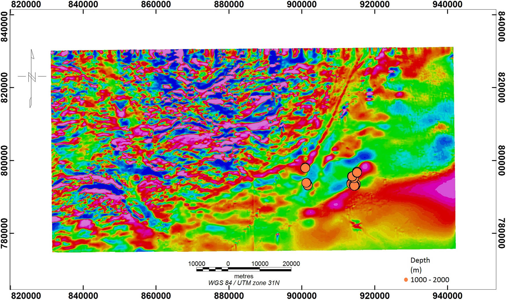 Figure 24
Windowed Euler deconvolution depth to magnetic source (2,000 m).
