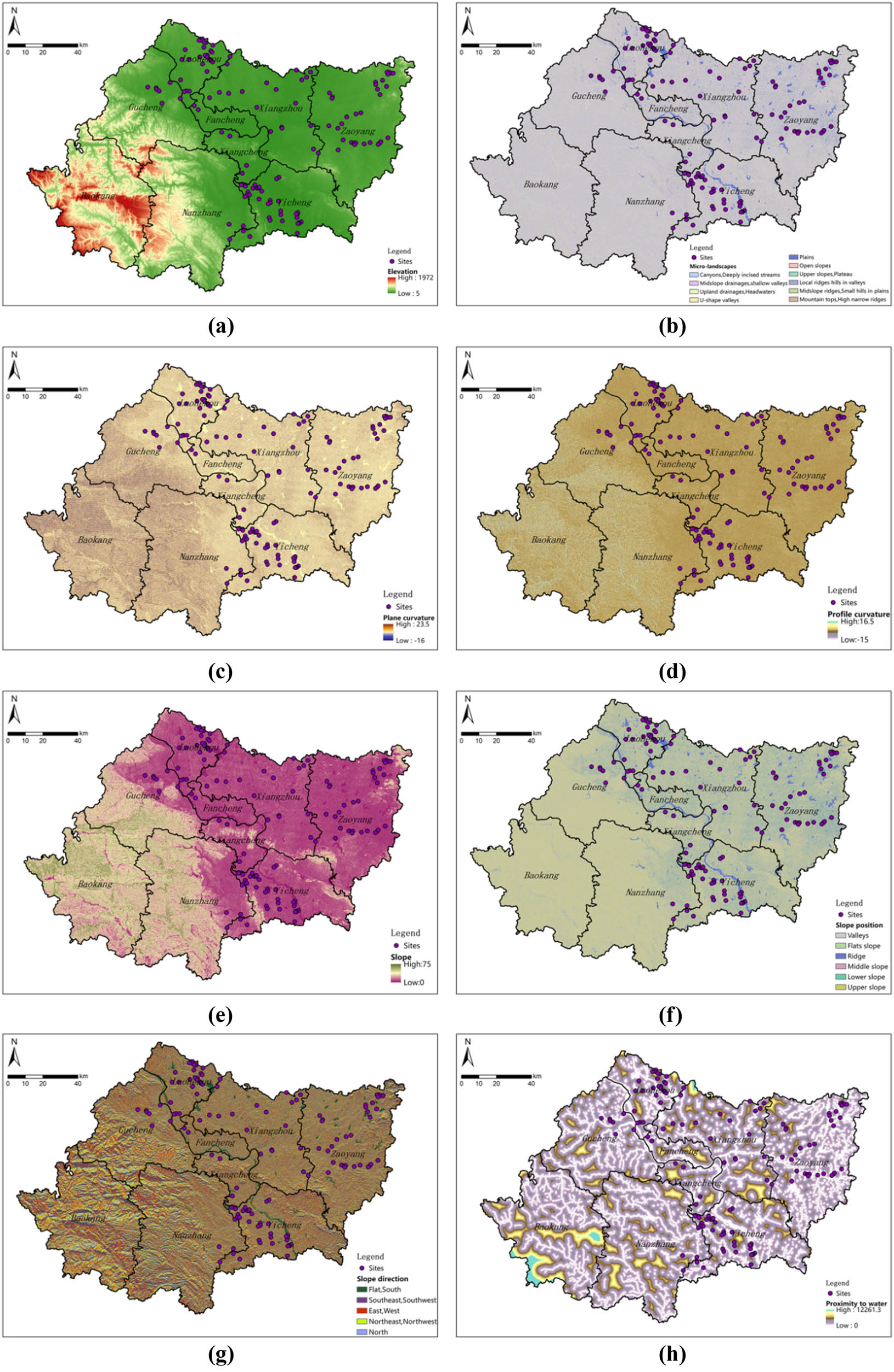 Figure 4
Impact factor layer. (a) Elevation, (b) microtopography, (c) plane curvature, (d) profile curvature, (e) slope, (f) slope position, (g) slope direction, and (h) distance to water.
