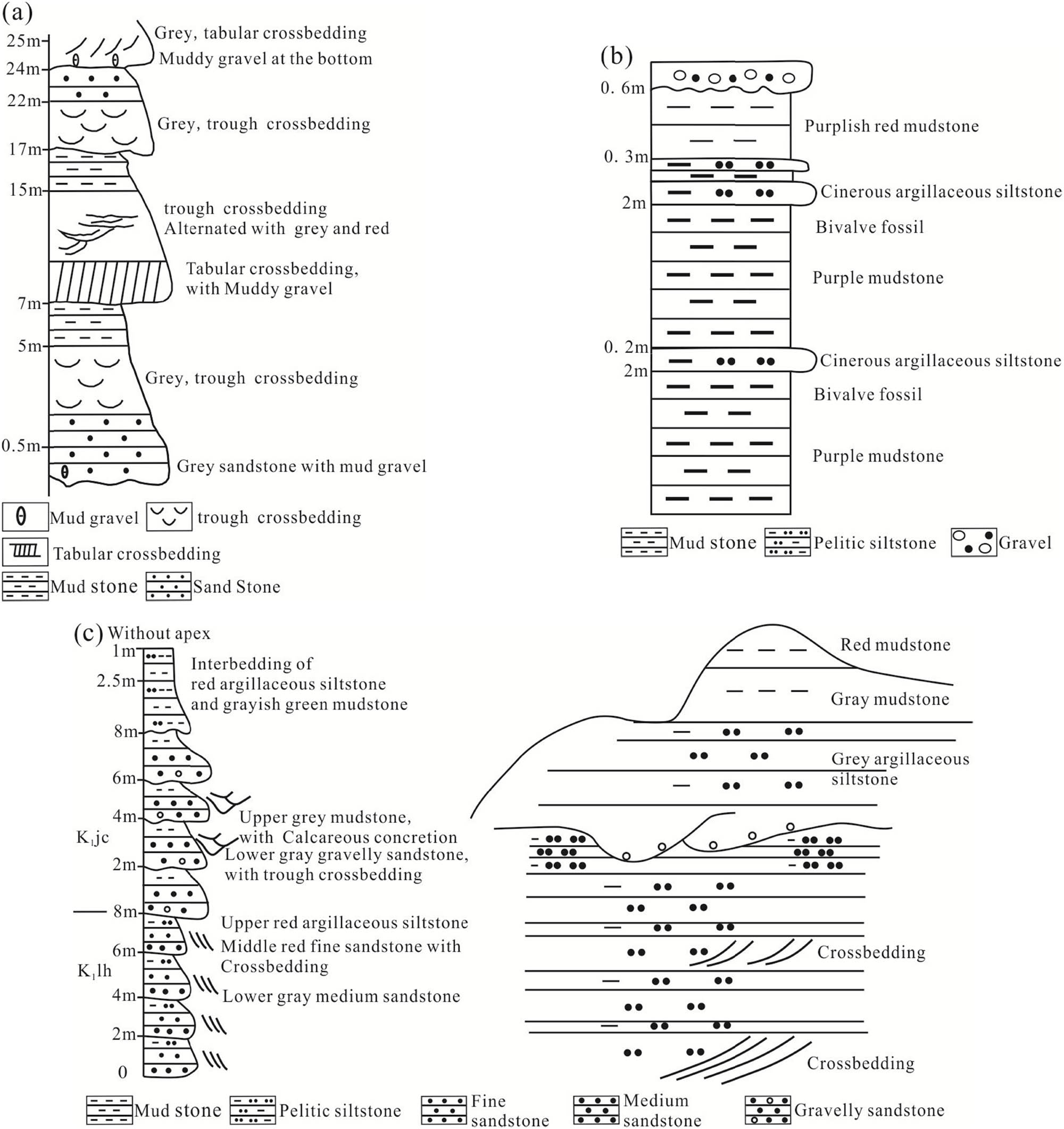 Figure 5 
                     Typical sedimentary facies of Early Cretaceous in the Northwest of Ordos Basin: (a) braided river sediments of Huachi-Huanhe Formation in Albas Sumu, (b) lake front sediments of Jingchuan Formation in Bayinwendur, and (c) braided river sediments of Jingchuan Formation and aeolian sediments of Luohandong Formation in Yihewusu.
                  