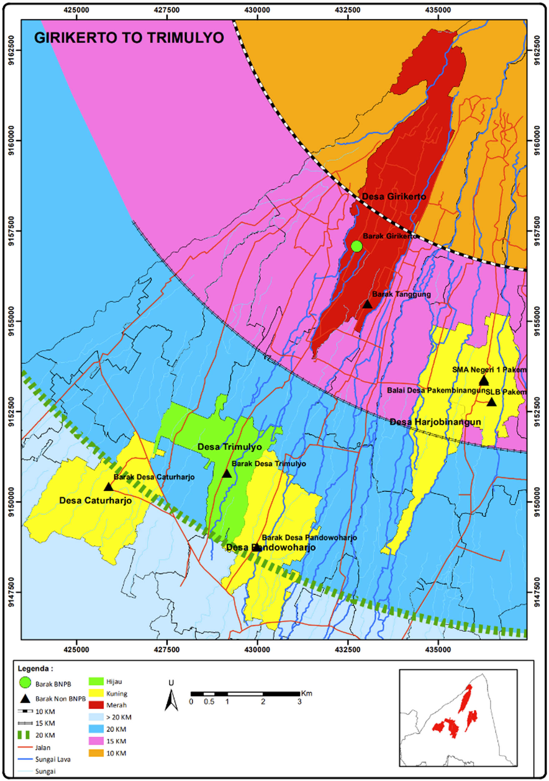 Figure 4 
                     The map of Girikerto (in red) and the five surrounding villages.
                  