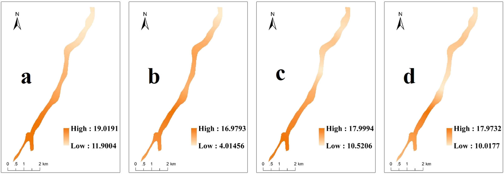 Figure 3 
                     Soil SOM spatial distribution map. Note: (a) (SOM, 0a), (b) (SOM, 2a), (c) (SOM, 4a), and (d) (SOM, 8a).
                  