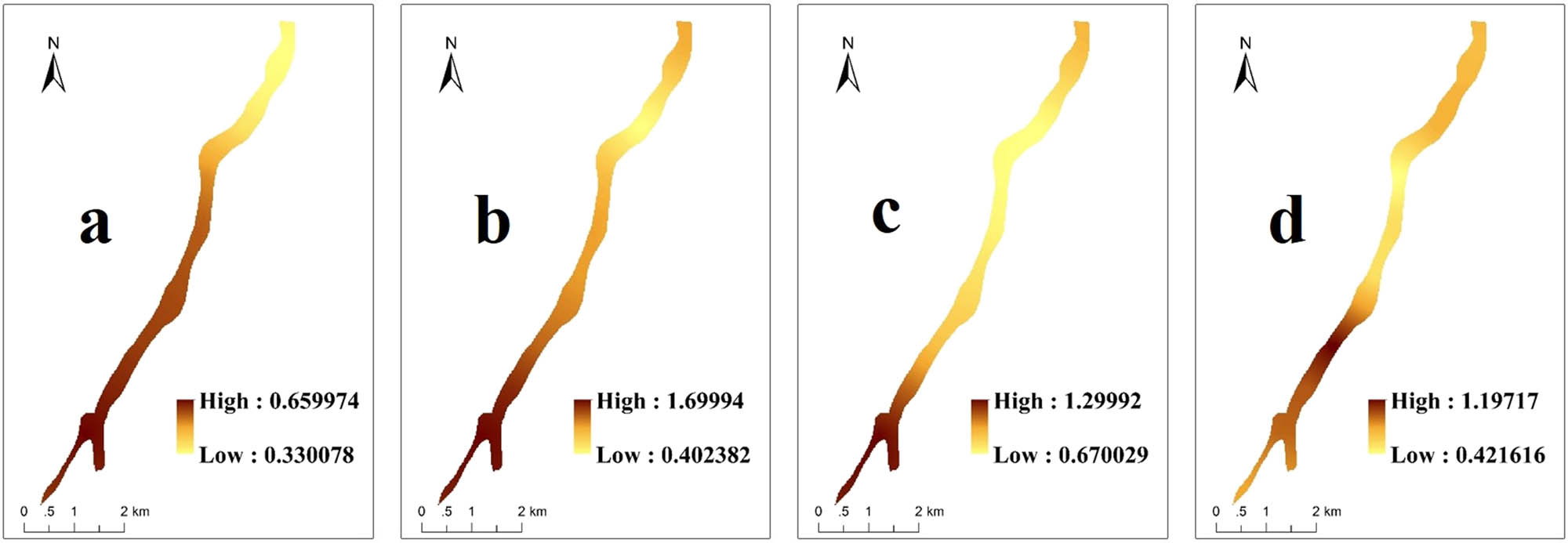 Figure 4 
                     Soil TN spatial distribution map. Note: (a) (TN, 0a), (b) (TN, 2a), (c) (TN, 4a), and (d) (TN, 8a).
                  