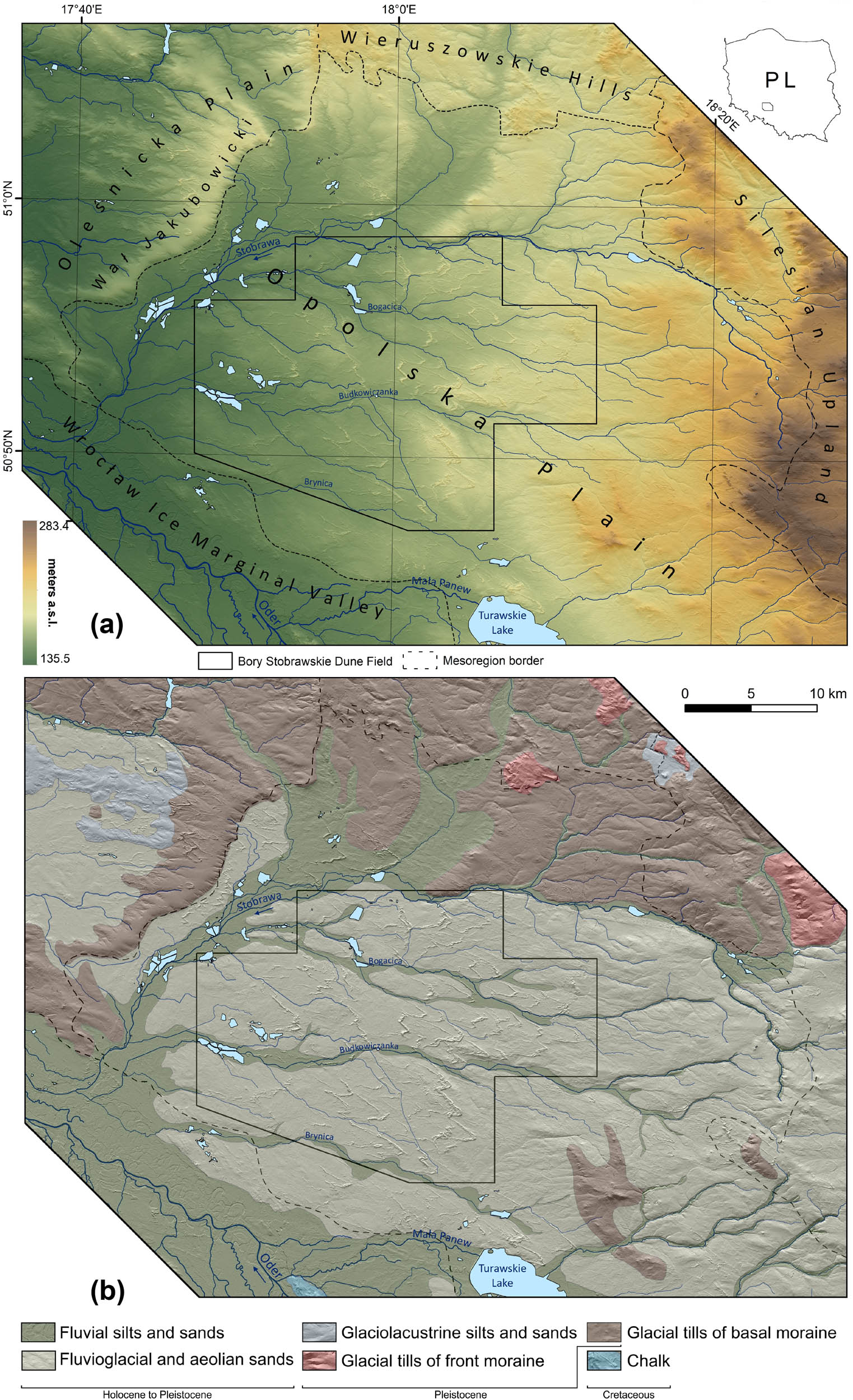 Figure 1 
               Study area: (a) hypsometry and (b) lithology after the geological [52,55,56,57] maps (simplified).
            