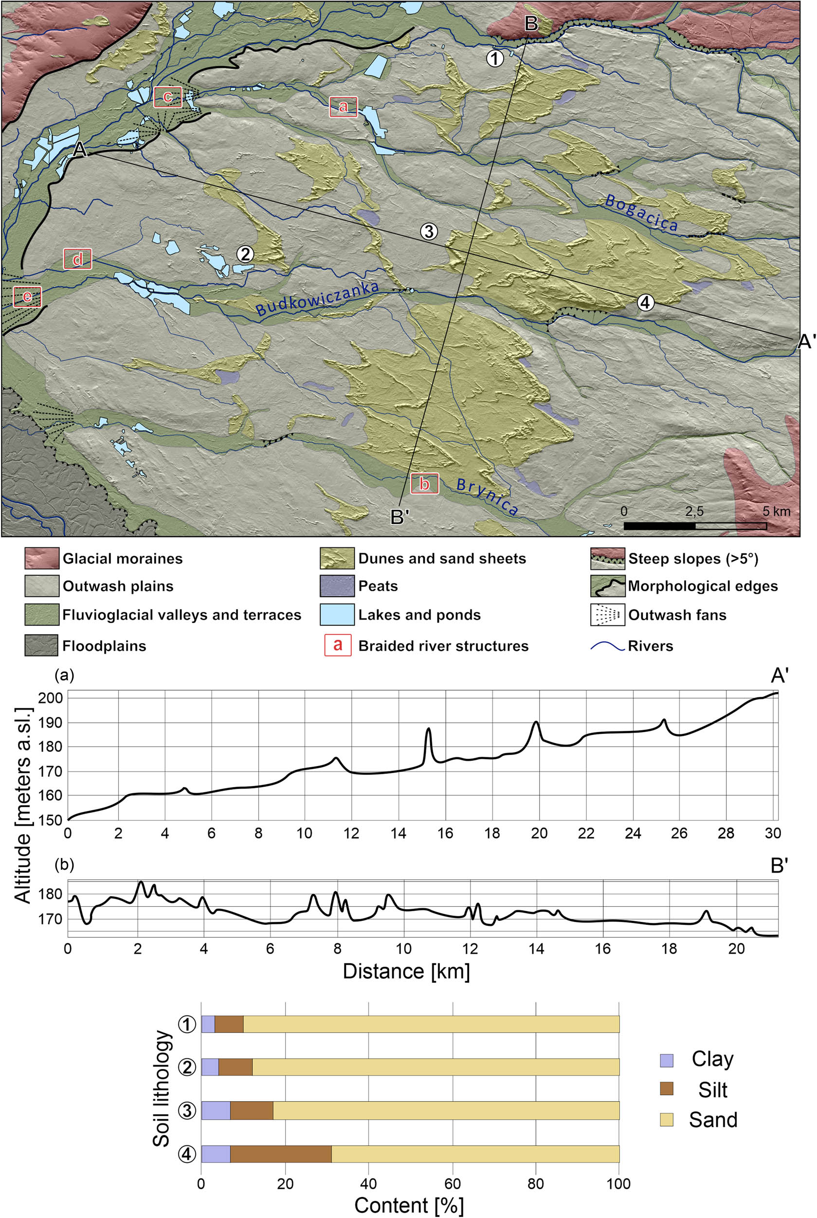 Figure 2 
               Geomorphology of the study area. Braided river structures are referred to in Section 4.3. Cross-sections are marked by letters A–A′ and B–B′. Topsoil lithology profiles (0–20 cm) were taken from the European Soil Database v. 2.0 [54].
            