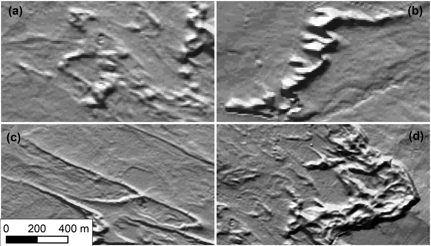 Figure 4 
               Examples of (a) irregular, (b) transverse, (c) parabolic, and (d) compound dunes.
            