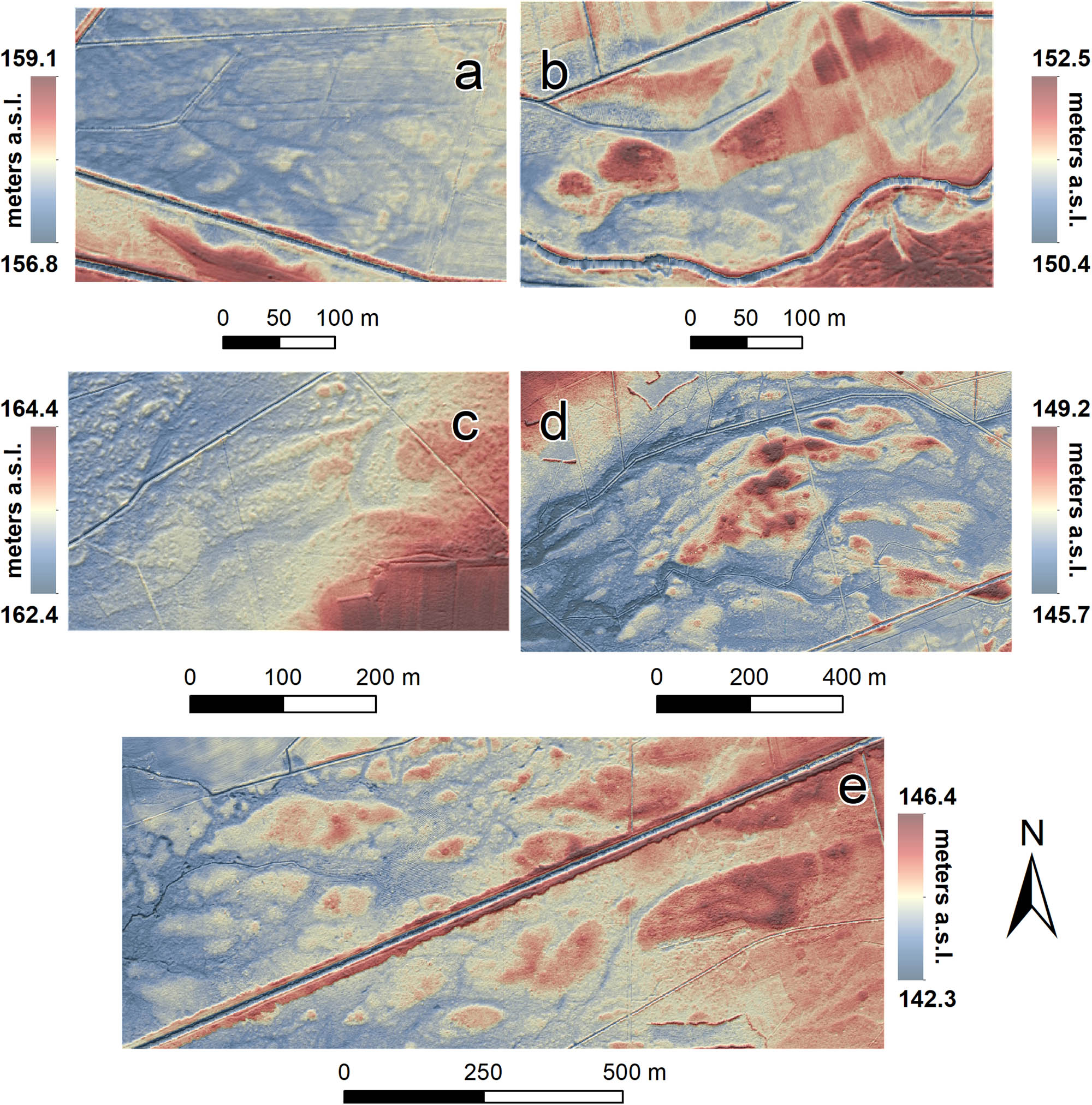 Figure 10 
                  Braided river structures developed in the valleys of the Bogacica, Budkowiczanka, and Brynica rivers. Locations (a–e) are marked in Figure 2.
               