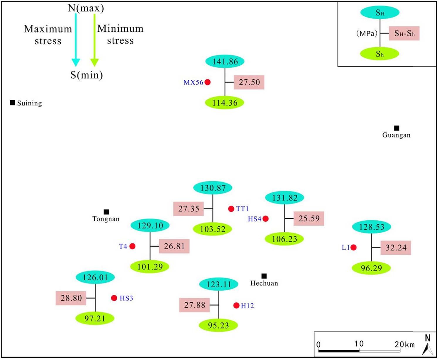Figure 6
Distribution characteristic maps of the magnitudes of the horizontal stresses in the Maokou Formation in the Longnüsi area.