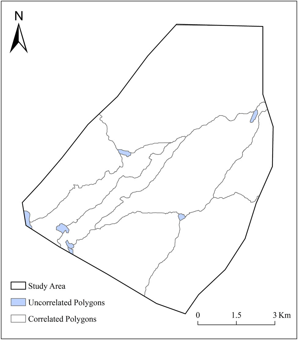 Figure 7 
                     Hill boundaries obtained by correlating the uncorrelated polygons in Figure 6 using valley lines.
                  
