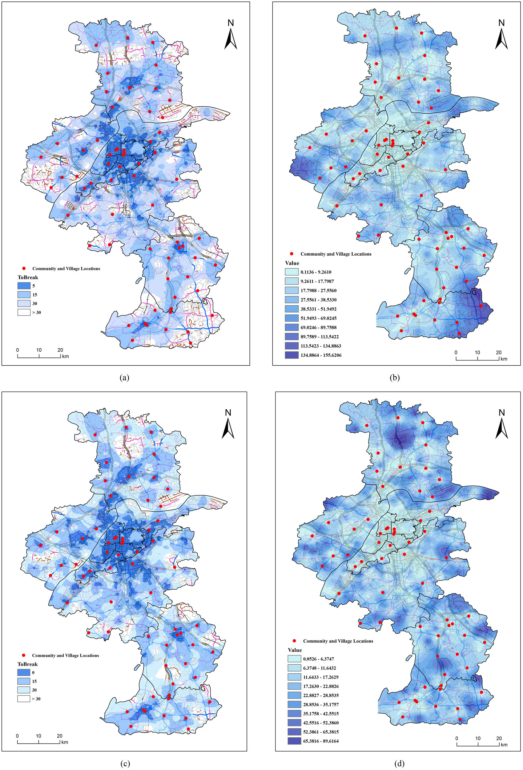 Figure 4 
                     Service coverage evaluation of training institutions. (a) 5-, 15-, 30-min in 2018; (b) 2018 accessibility based on population-demand; (c) 5-, 15-, 30-min in 2022; (d) 2022 accessibility based on population-demand.
                  