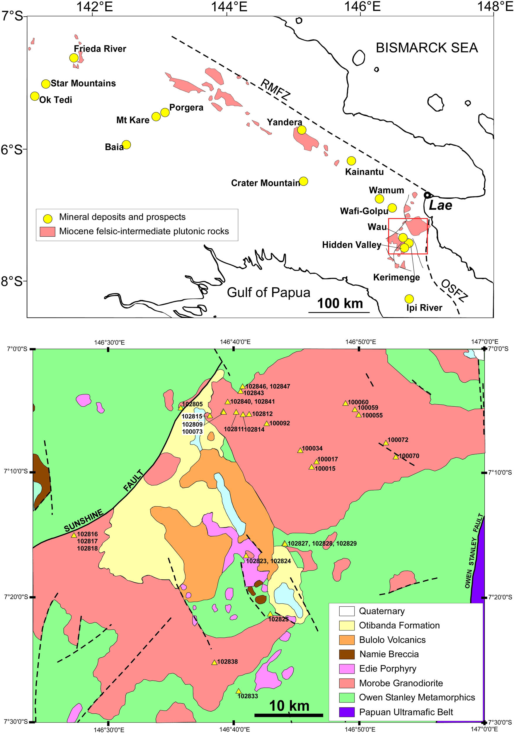 Figure 1 
                  (a) Distributions of the Mid-Miocene granitoids and mineral deposits in the Maramuni arc, Papua New Guinea. The red square in the figure indicates the area of the map in Figure 1b. RMFZ: Ramu Markham Fault Zone. OSFZ: Owen Stanley Fault Zone. Modified from Holm et al. [6]. (b) Geologic map of the Morobe Granodiorite. Yellow triangles show sample localities for the study. Dashed lines represent inferred faults. Modified from Bain et al. [35].
               