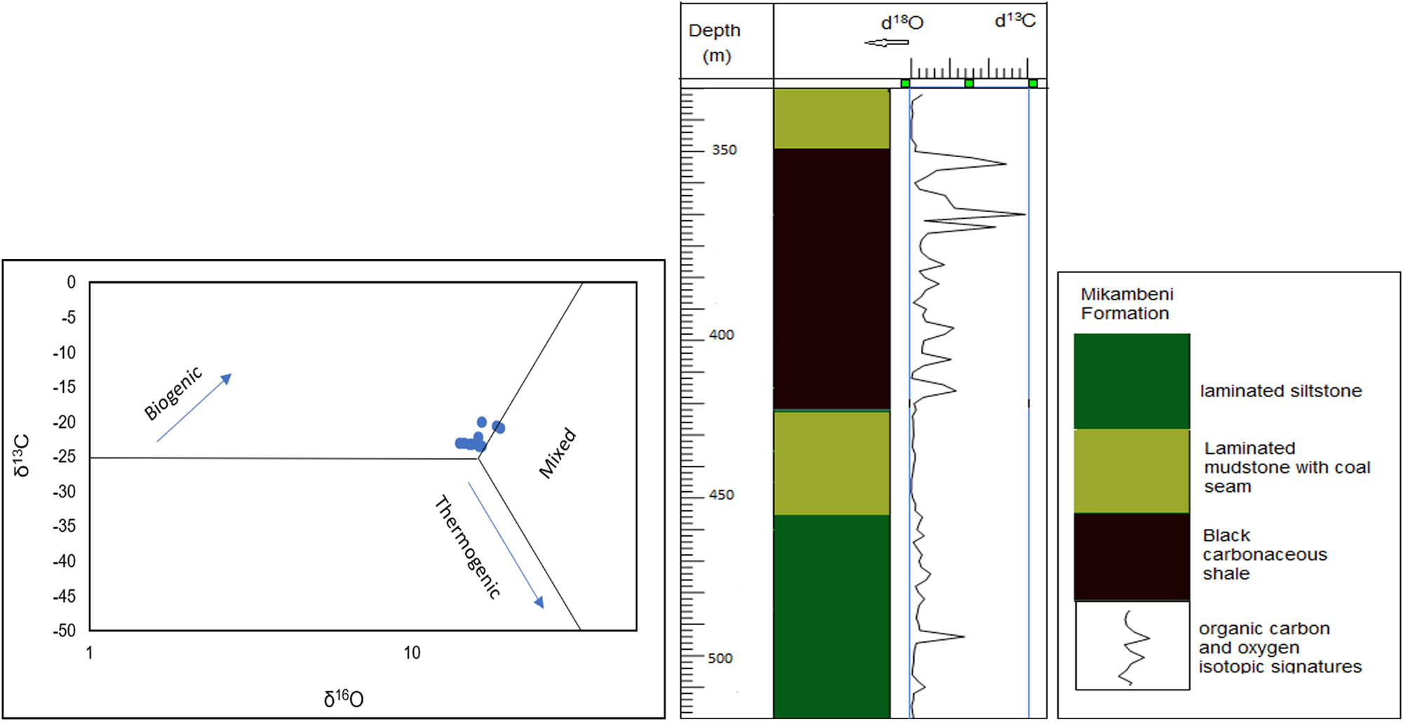 Figure 6 
                  Plot of δ
                     13C versus δ
                     16O showing the biogenic domain of the studied shale [70].
               
