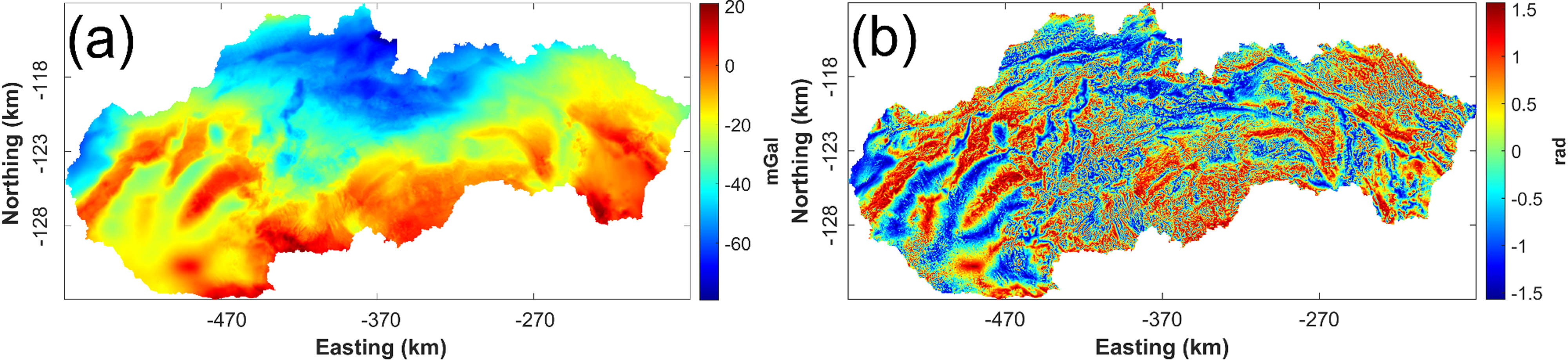 Figure 9 
                  (a) Gravity anomaly of Slovakia territory and (b) TDR map calculated from (a).
               
