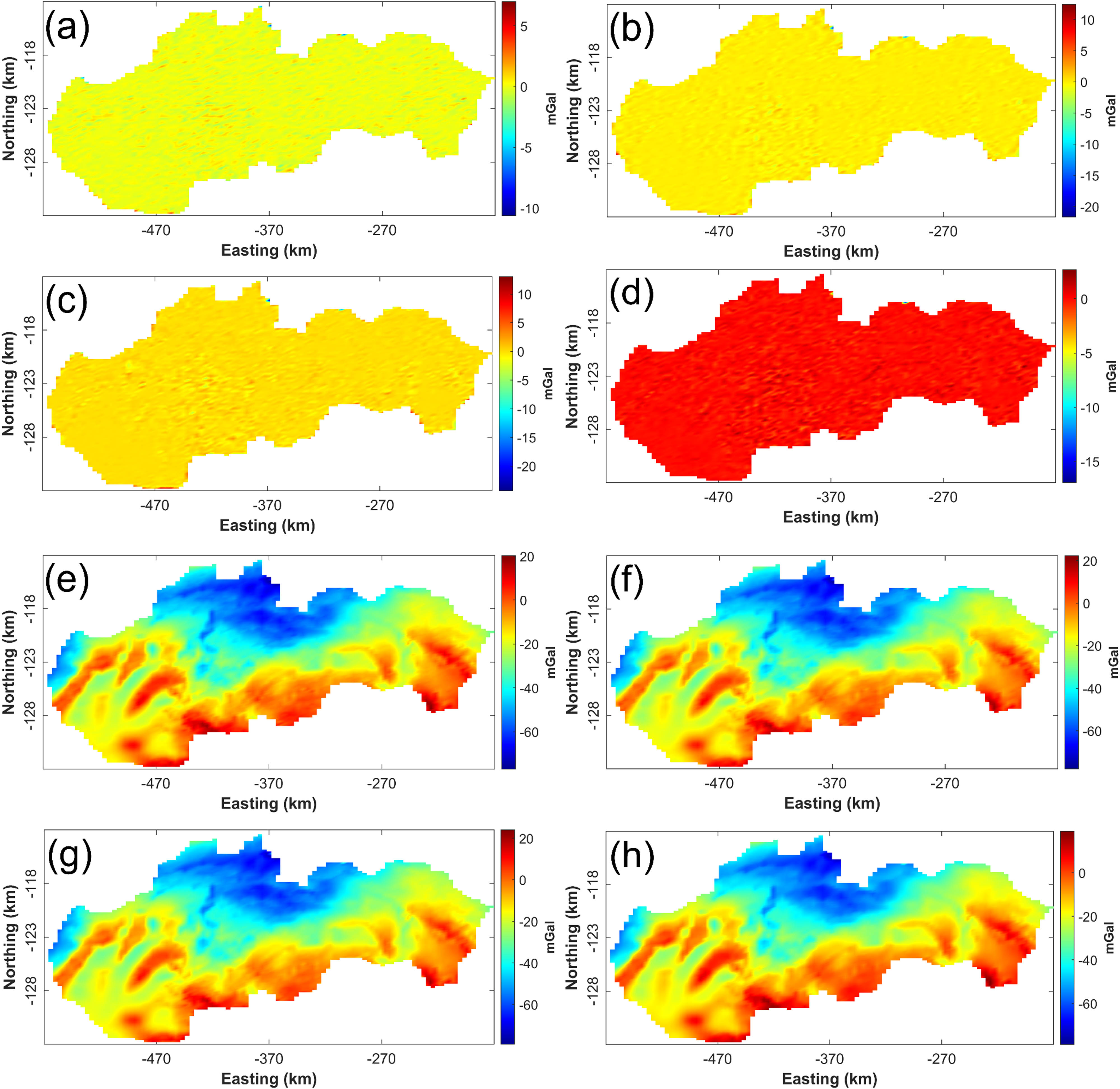 Figure 10 
                  Results of applying selected denoising approaches to the Slovakia territory dataset. (a) Filtered noise using the SVD filter, (b) filtered noise using the DCT filter, (c) filtered noise using the wavelet filter, (d) filtered noise using the MNLM filter, (e) noise-attenuated result via the SVD, (f) noise-attenuated result via the DCT, (g) noise-attenuated result via the wavelet filter, and (h) noise-attenuated result via the MNLM.
               