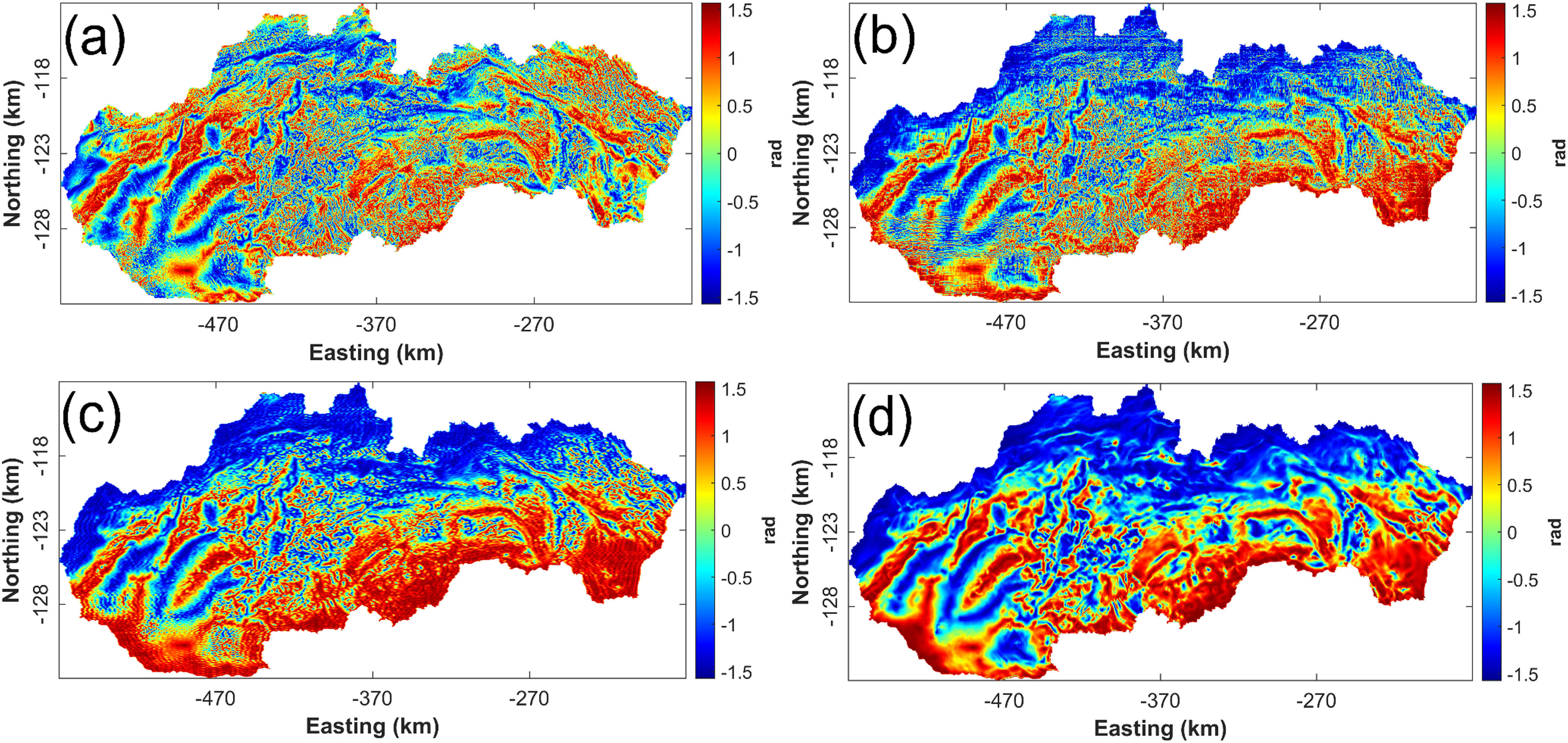 Figure 11 
                  Results of applying TDR to the denoised gravity field datasets. (a) TDR map calculated from (Figure 10(e)), (b) TDR map calculated from (Figure 10(f)), (c) TDR map calculated from (Figure 10(g), and (d) TDR map calculated from (Figure 10(h)).
               