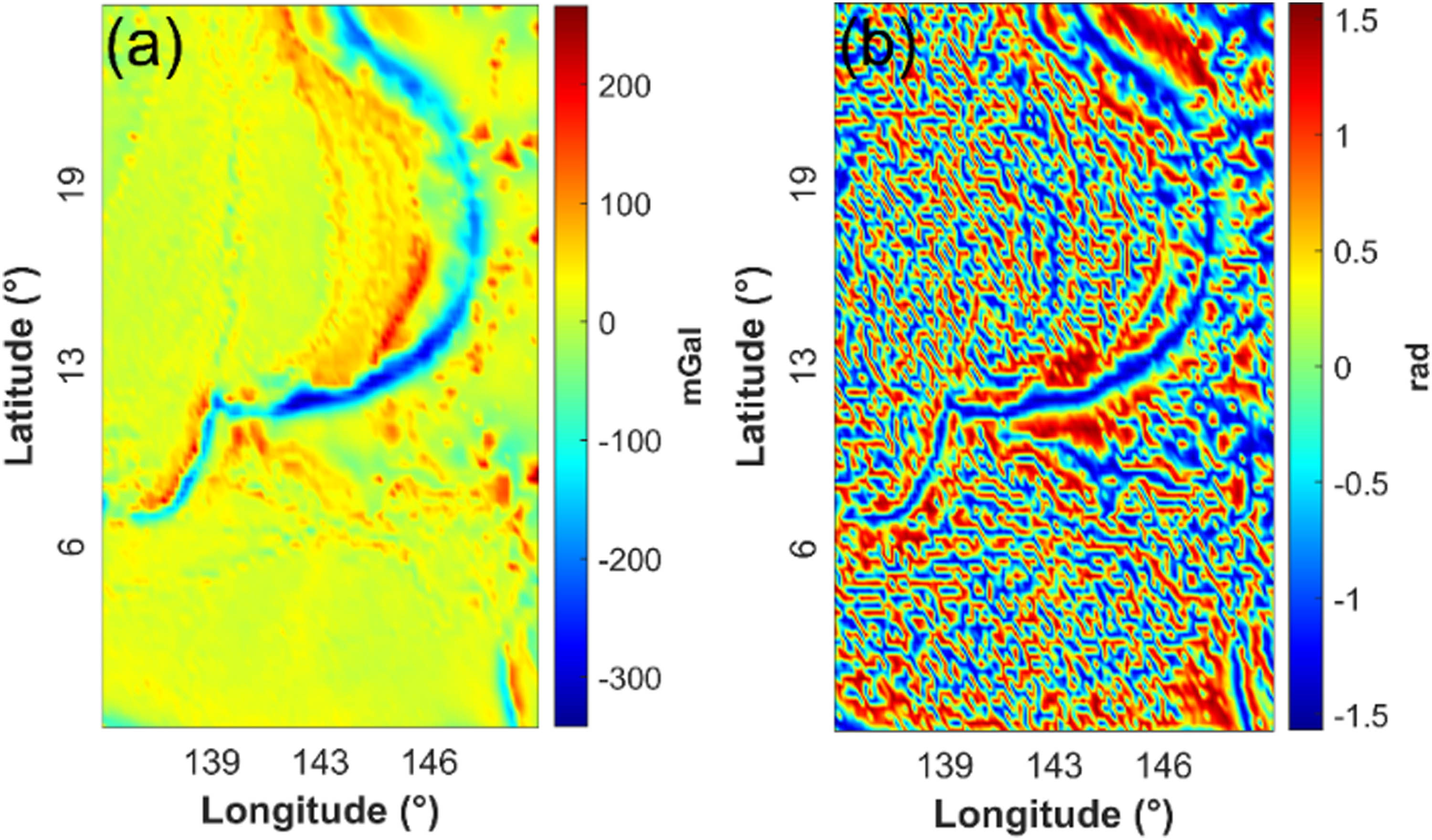 Figure 12 
                  (a) The Bouguer gravity anomaly map of Mariana trench (WGM2012) and (b) TDR map calculated from (a).
               