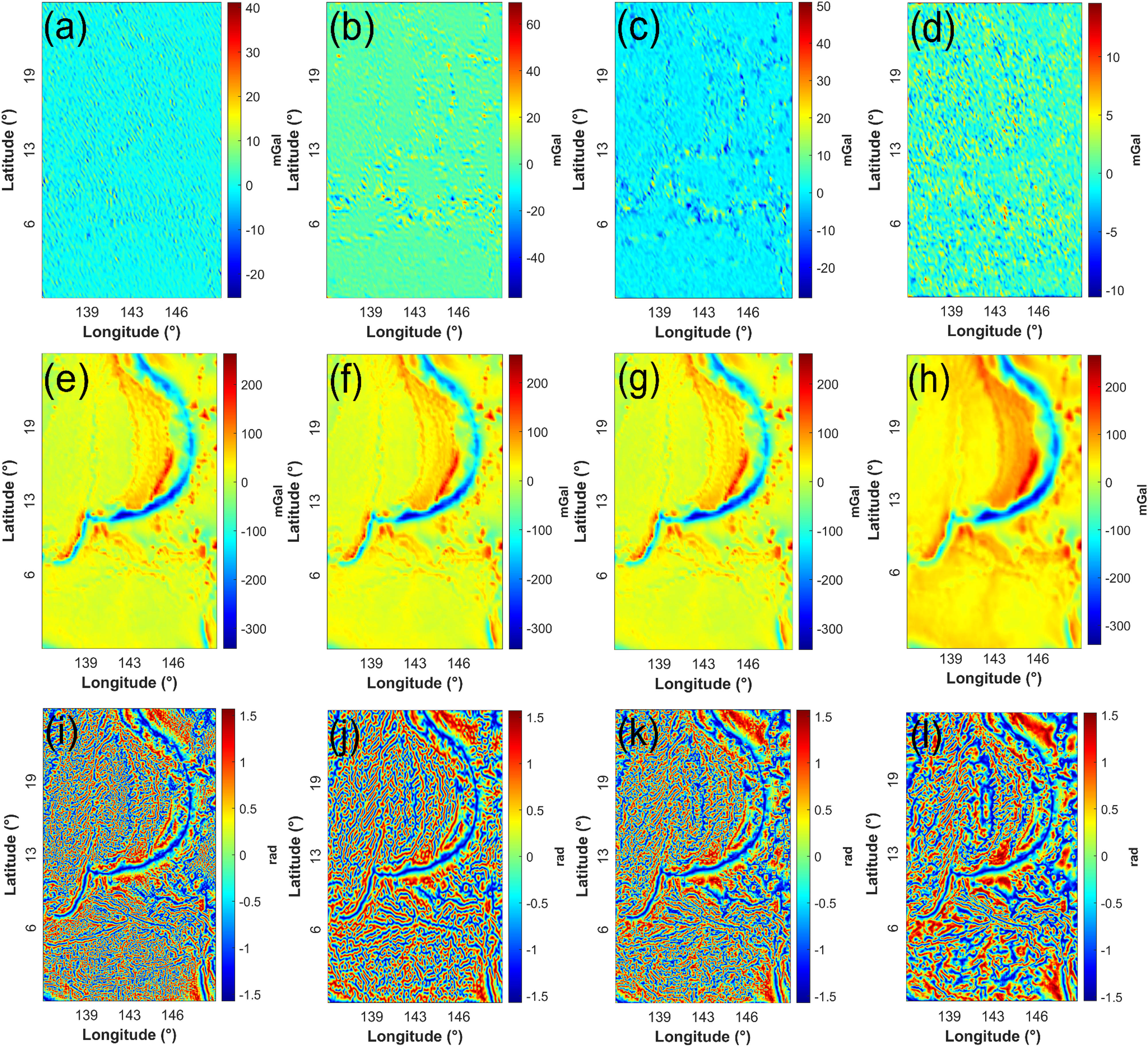 Figure 13 
                  Results of applying selected denoising approaches to the Mariana trench gravity dataset. (a) Filtered noise using the SVD filter, (b) filtered noise using the DCT filter, (c) filtered noise using the wavelet filter, (d) filtered noise using the MNLM filter, (e) noise-attenuated result via SVD, (f) noise-attenuated result via DCT, (g) noise-attenuated result via wavelet, (h) noise-attenuated result via MNLM, (i) TDR map calculated from (e), (j) TDR map calculated from (f), (k) TDR map calculated from (g), and (l) TDR map calculated from (h).
               