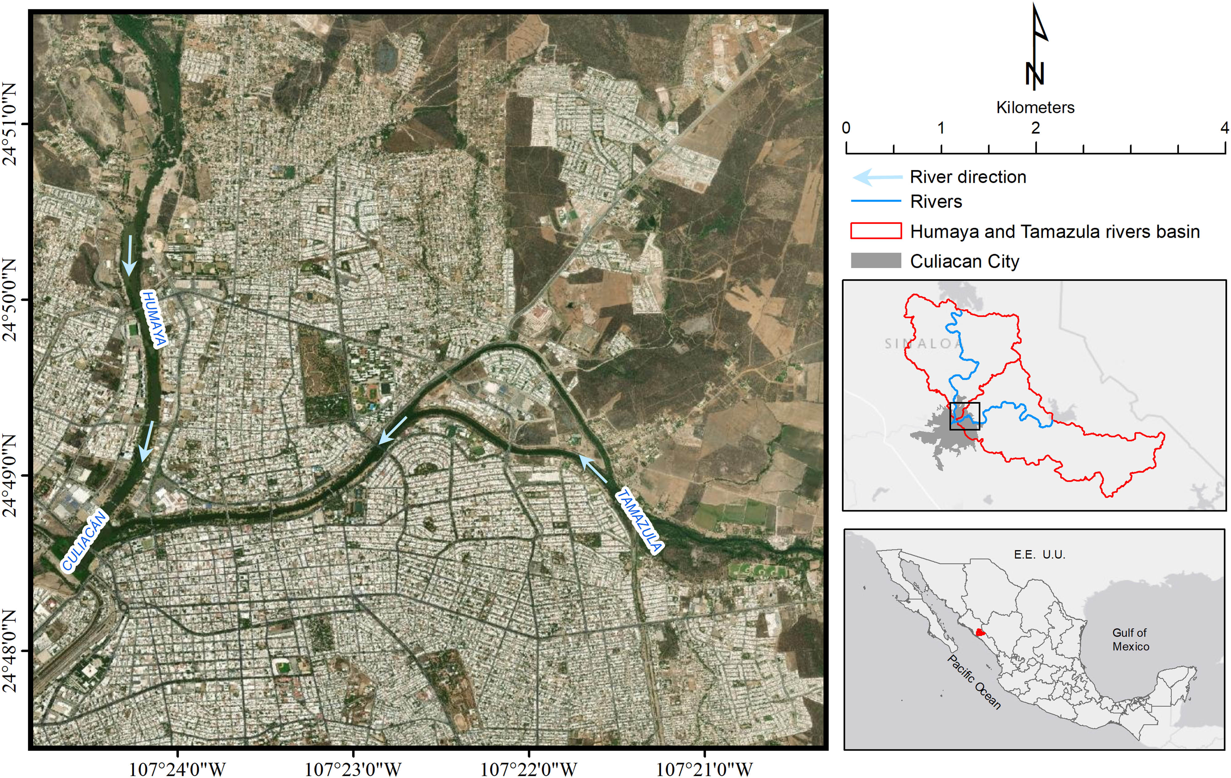 Figure 1 
               Urban area of the city of Culiacan is a study area for flood simulation.
            
