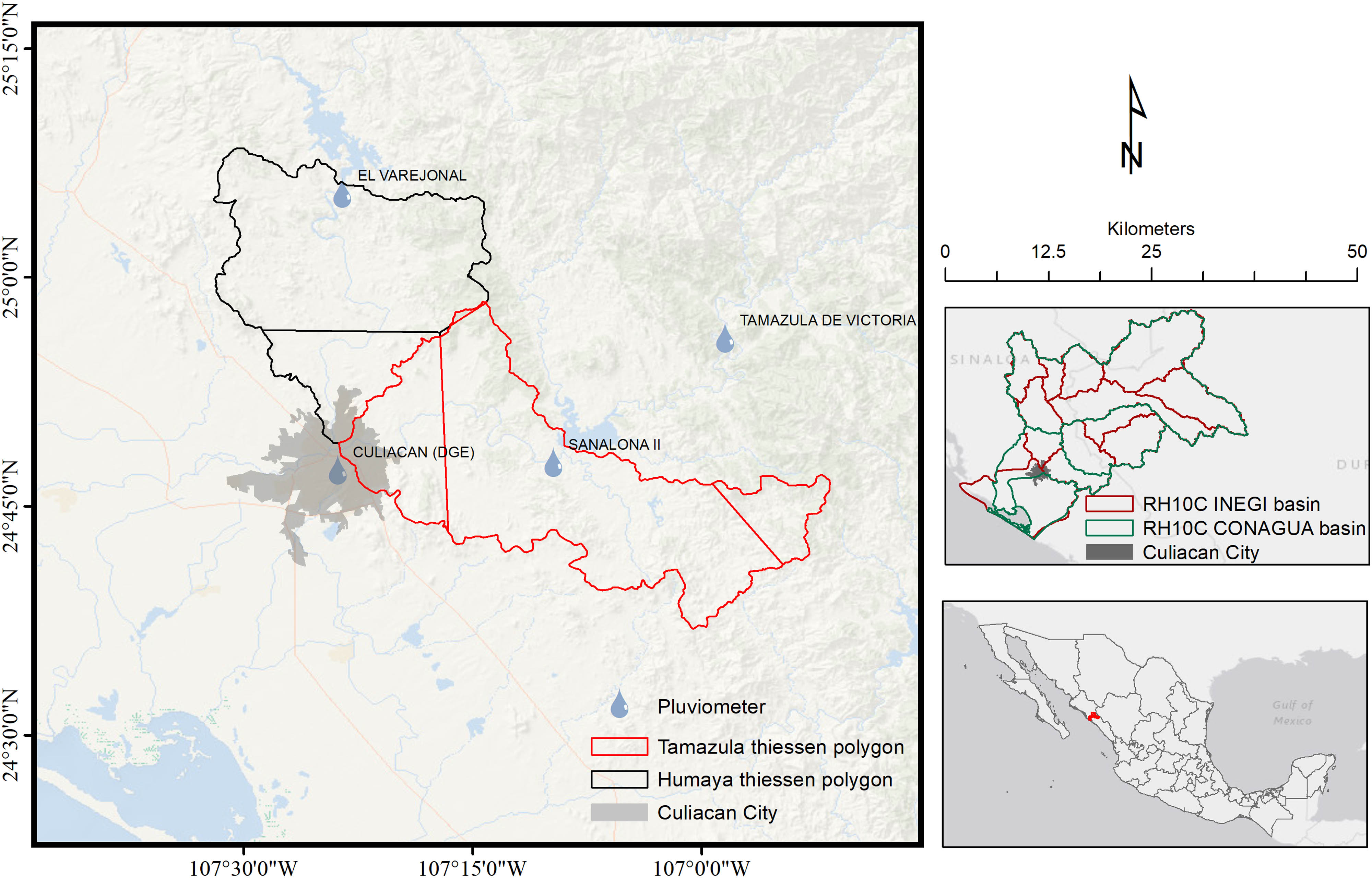 Figure A1 
                  Basin delimitation for the hydrological model and Thiessen polygons.
               