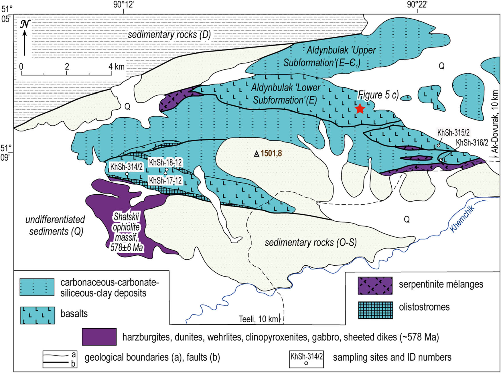 Figure 3
Geological map of the Shat site. Photographs of field sites are indicated. E – Ediacaran, Ꞓ1 – lower Cambrian (approx. Terreneuvian – Cambrian Series 2), O – Ordovician, S – Silurian (O – S Khemchik-Systygkhem molasse sediments), D – Devonian (Tuva trough, rift-related deposits), Q – Quaternary.