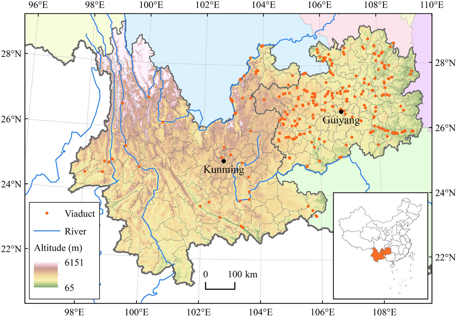 Figure 1 
                  Distribution of viaducts built in Yunnan–Guizhou area from 2001 to 2020.
               