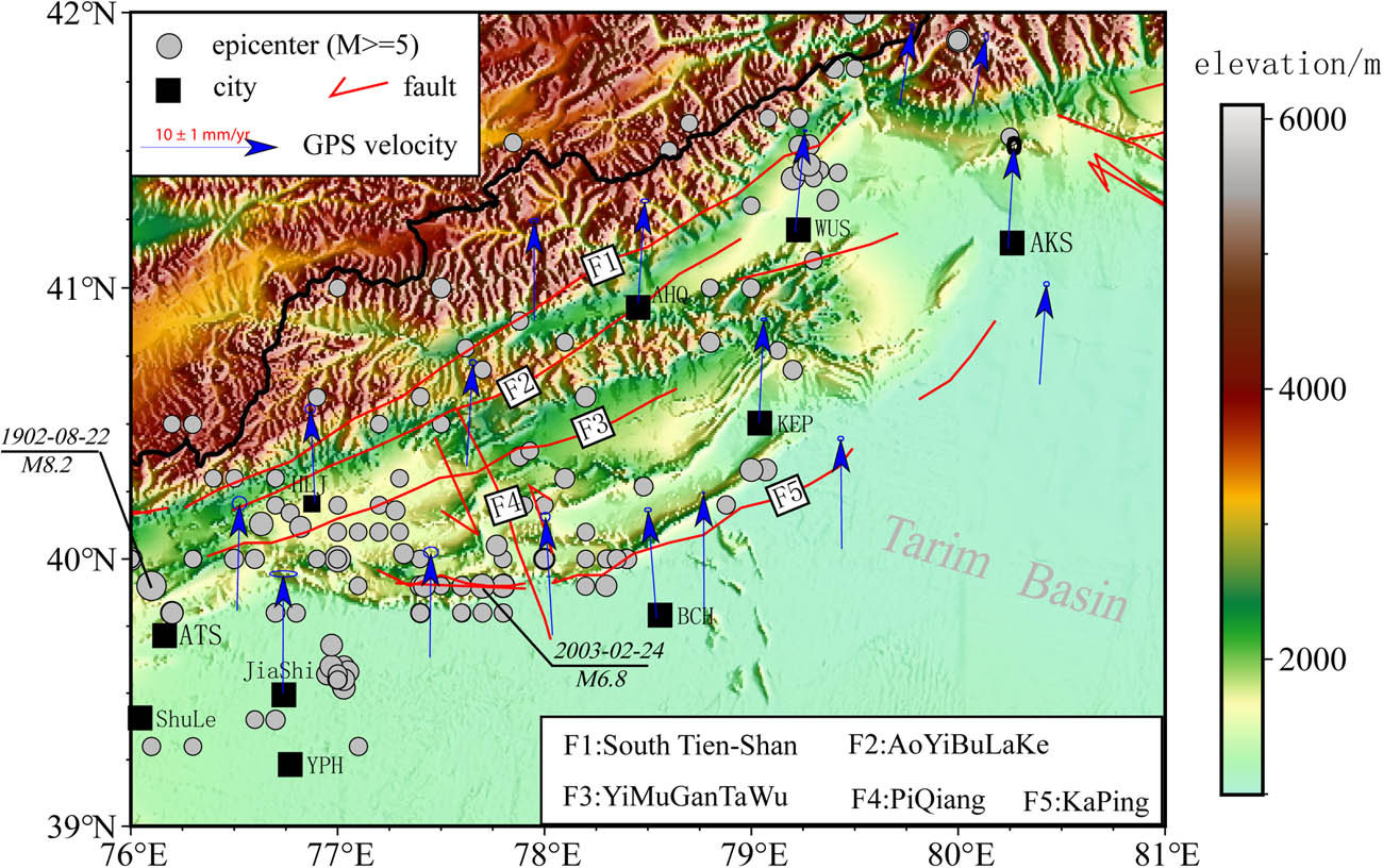 Figure 1 
               Spatial distribution of the faults and the epicenter of events (M
                  s ≥ 5.0) with the GPS velocity field (data are from the China Earthquake Networks Center, between 1999 and 2020) in the study area.
            