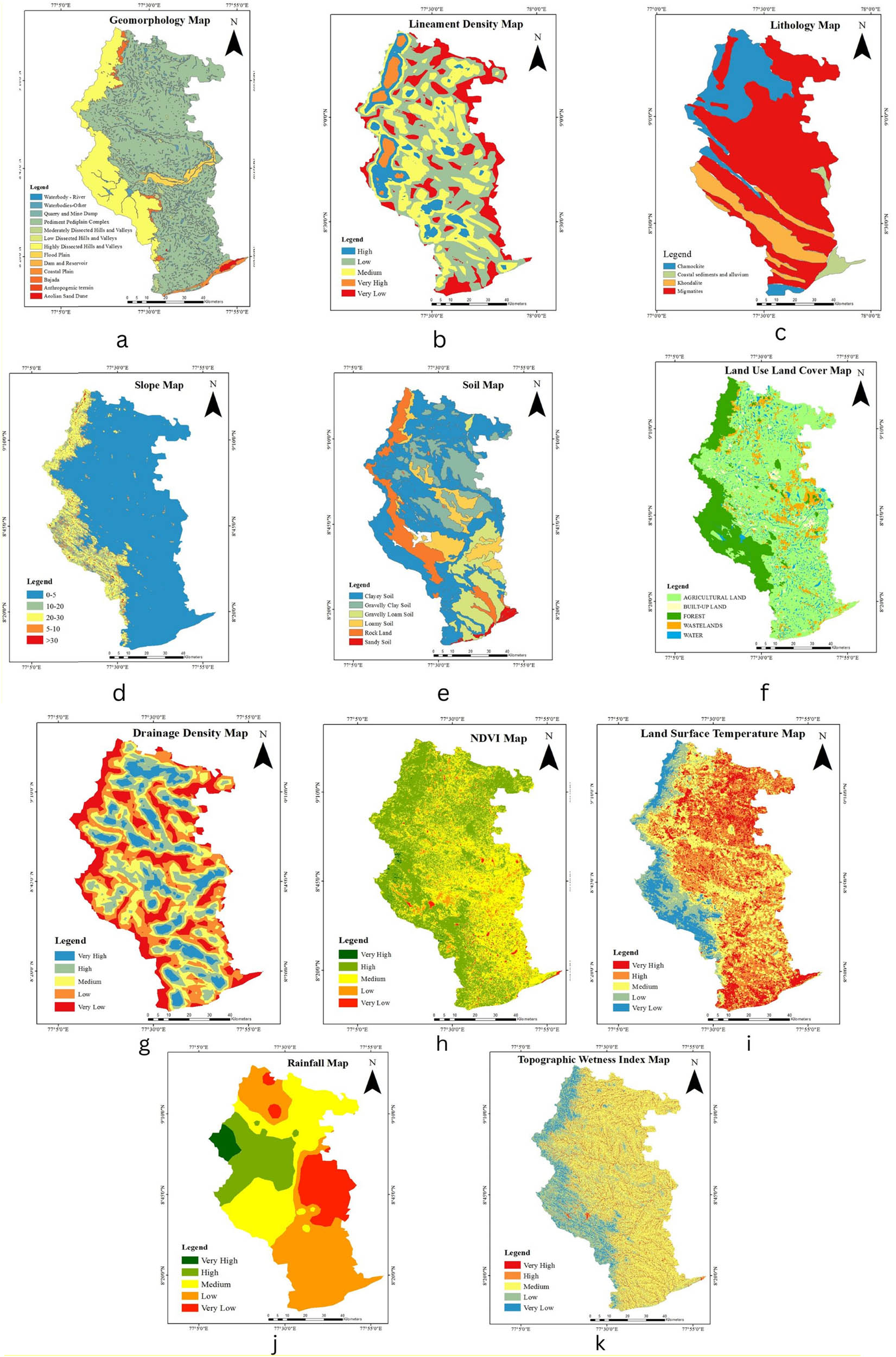 Figure 2 
                  (a) Geomorphology, (b) lineament density, (c) lithology, (d) slope, (e) soil, (f) land use land cover, (g) drainage density, (h) NDVI, (i) land surface, (j) rainfall, and (k) TWI of the study area.
               