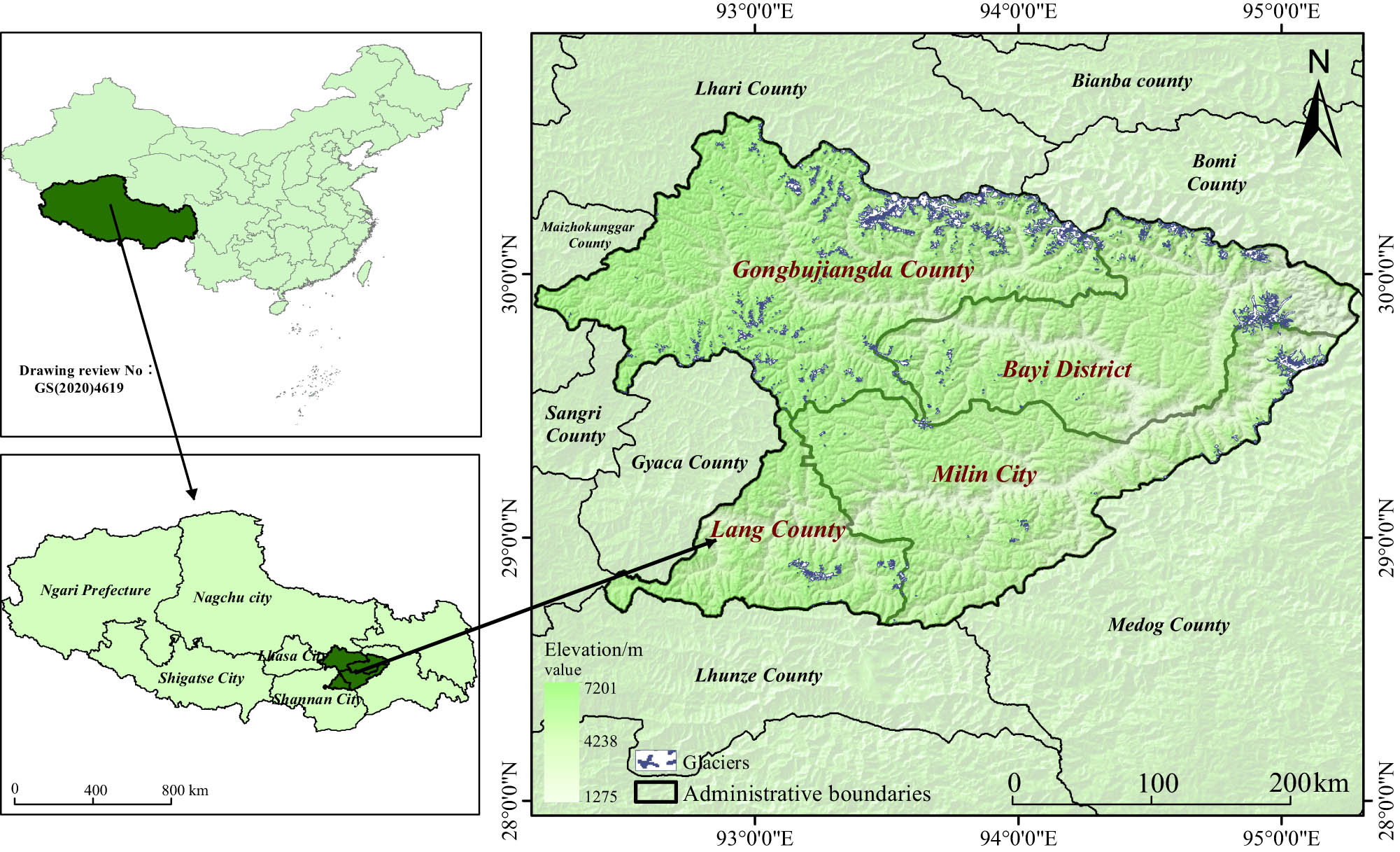 Figure 1
The geographical location of the western region of Nyingchi. The maps are based on the standard map system of the Map Technical Review Center of the Ministry of Natural Resources, PRC, review number GS(2020)4619. The glacier outline is derived from the Randolph Glacier Survey (RGL v6.0) and is depicted as a glacial blue colour, while the study area and its surrounding administrative boundaries are delineated with black outlines.