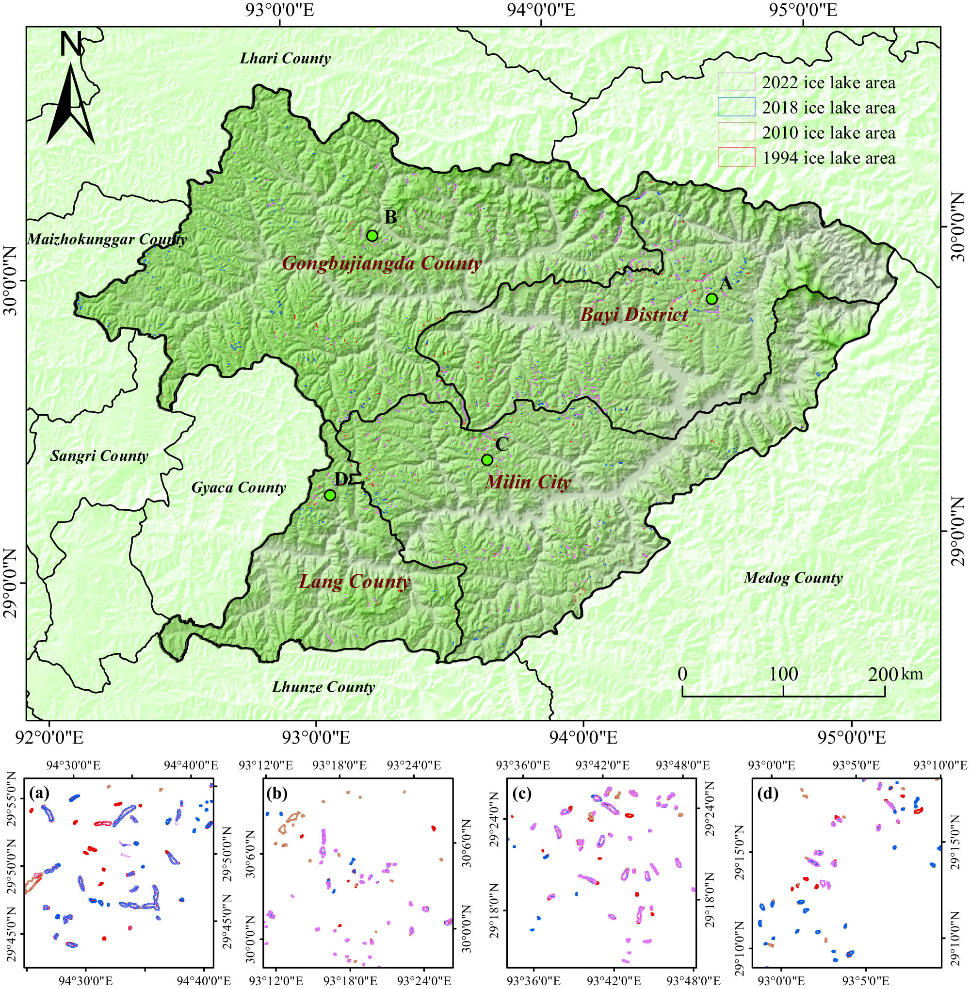 Figure 3
Distribution of ice lakes in the study area in 1994, 2010, 2018, and 2022. This map was produced using a visual interpretation method and Landsat images collected throughout the year. The four zoom-in maps (a)–(d) show local detail in different regions, including the Bayi District (a), Gongbujiangda County (b), Milin City (c), and Lang County (d).