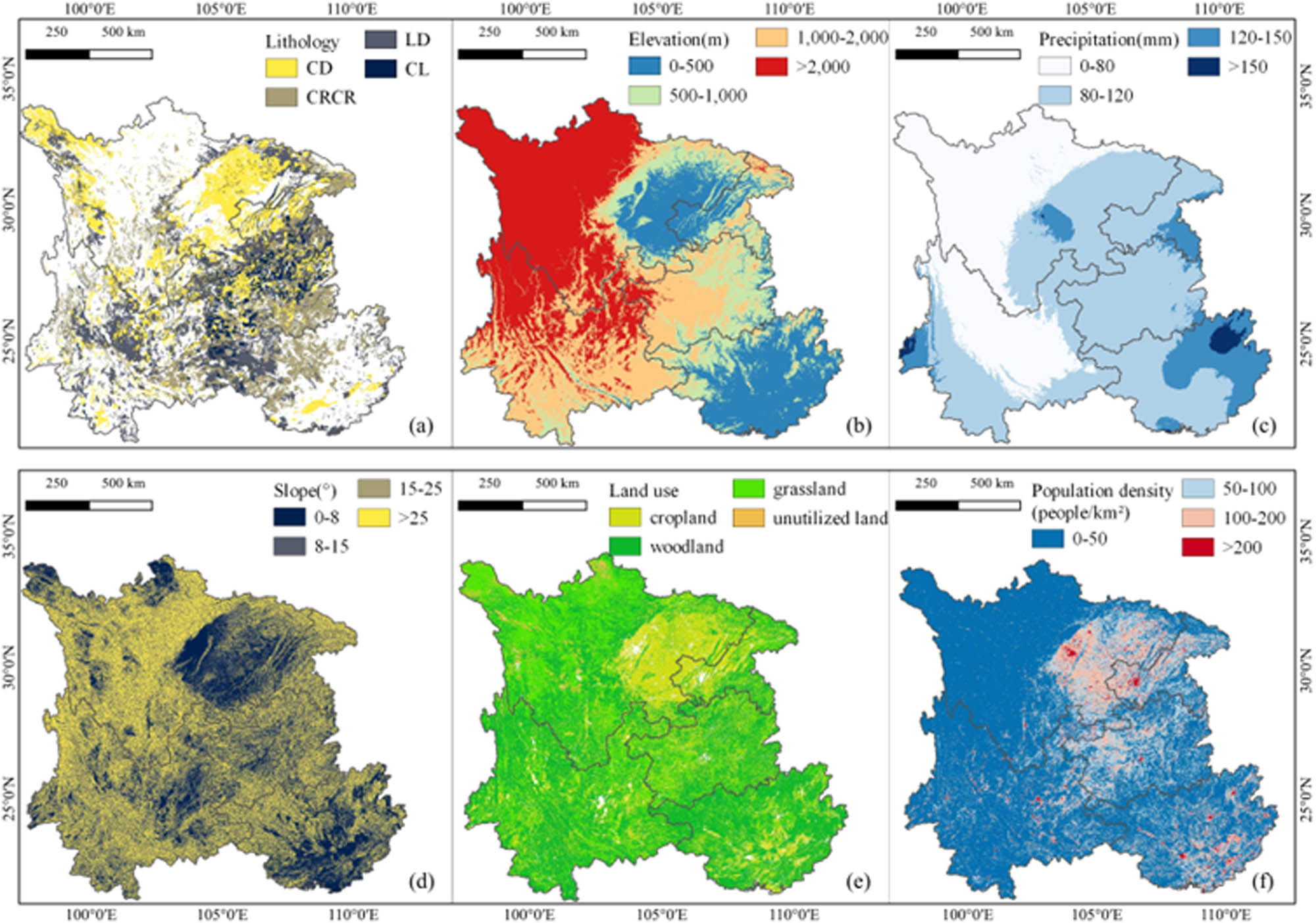 Figure 4 
                     Spatial distributions of influencing factors after grading: (a) lithology, (b) elevation, (c) precipitation, (d) slope, (e) land use, and (f) population density.
                  