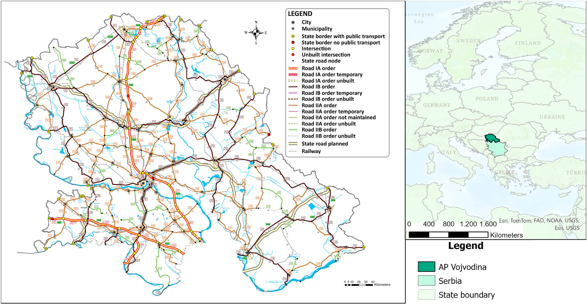 Figure 2 
                  The road and railway network of the studied area and their position in Europe and Serbia. Source: [43], revised by authors.
               