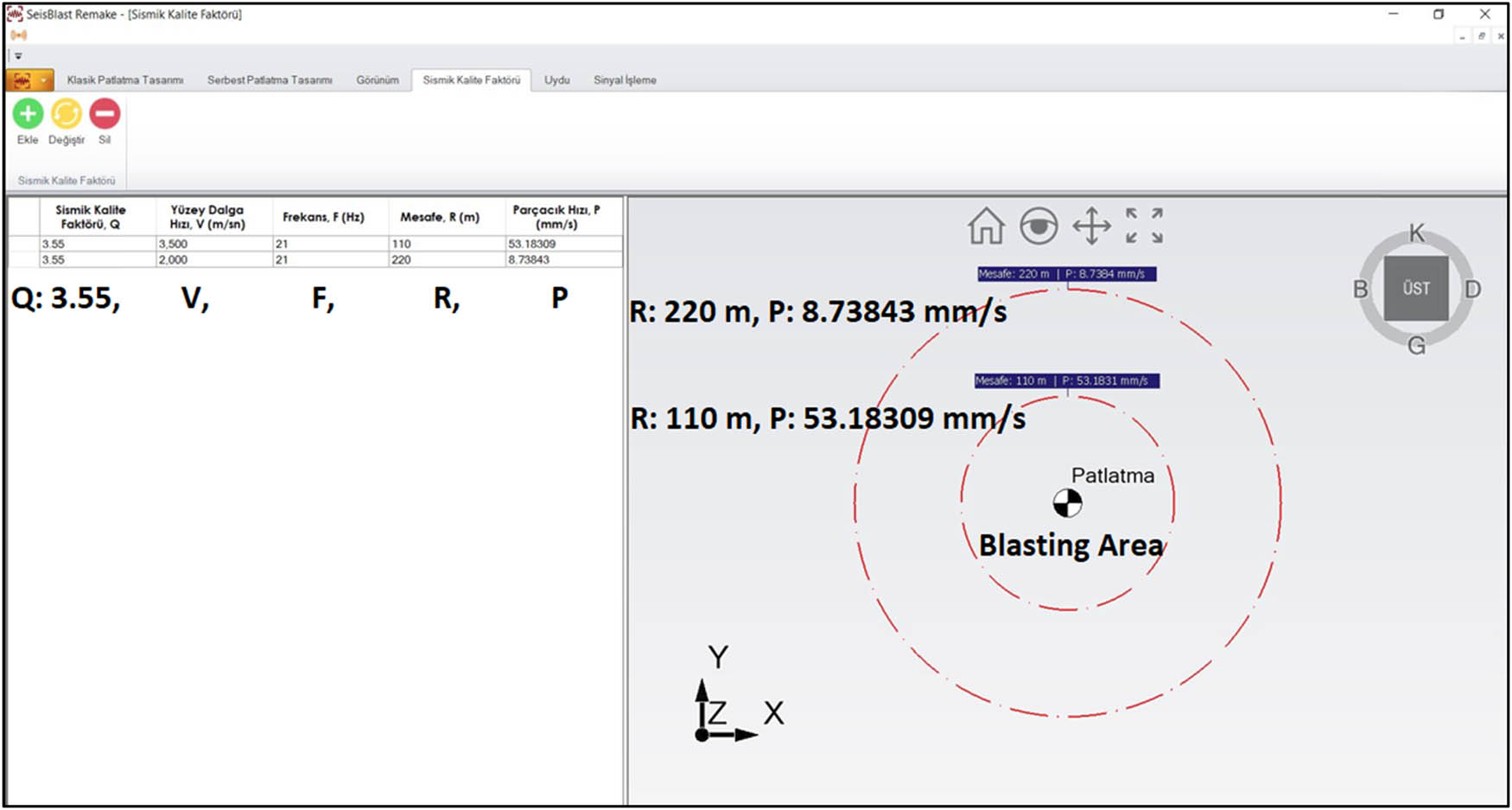 Figure 14
Values calculated depending on distance in Seisblast application, G1–G2.